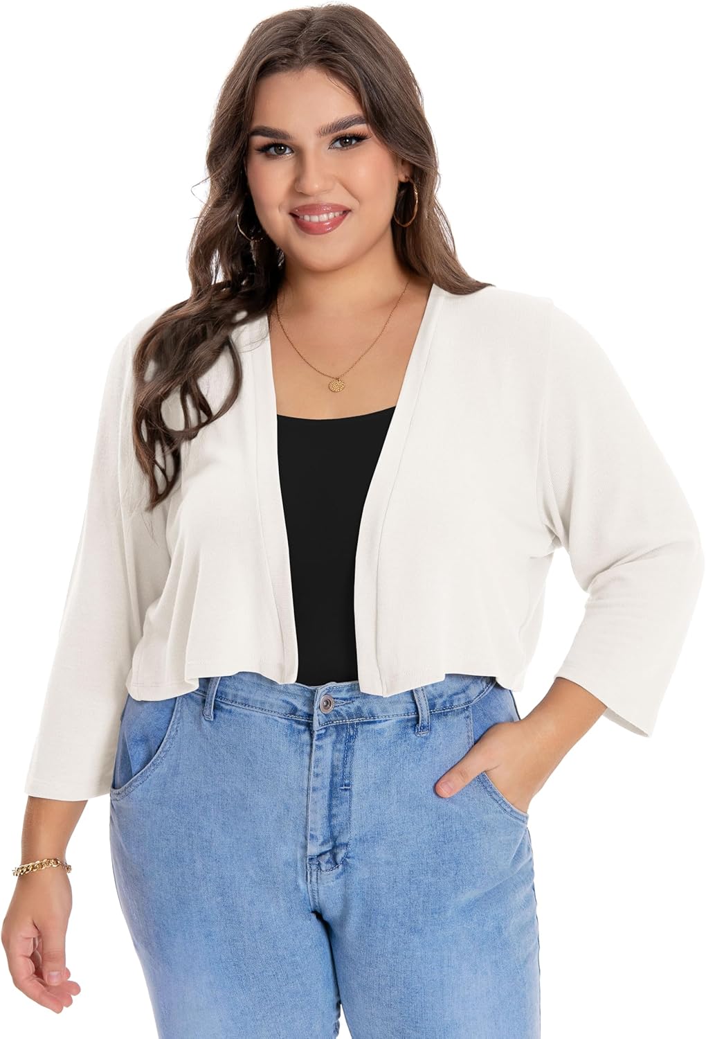 Plus Size Shrugs for Women 3/4 Sleeve Cropped Cardigan Knit Sweaters Open Front Bolero - Image 4