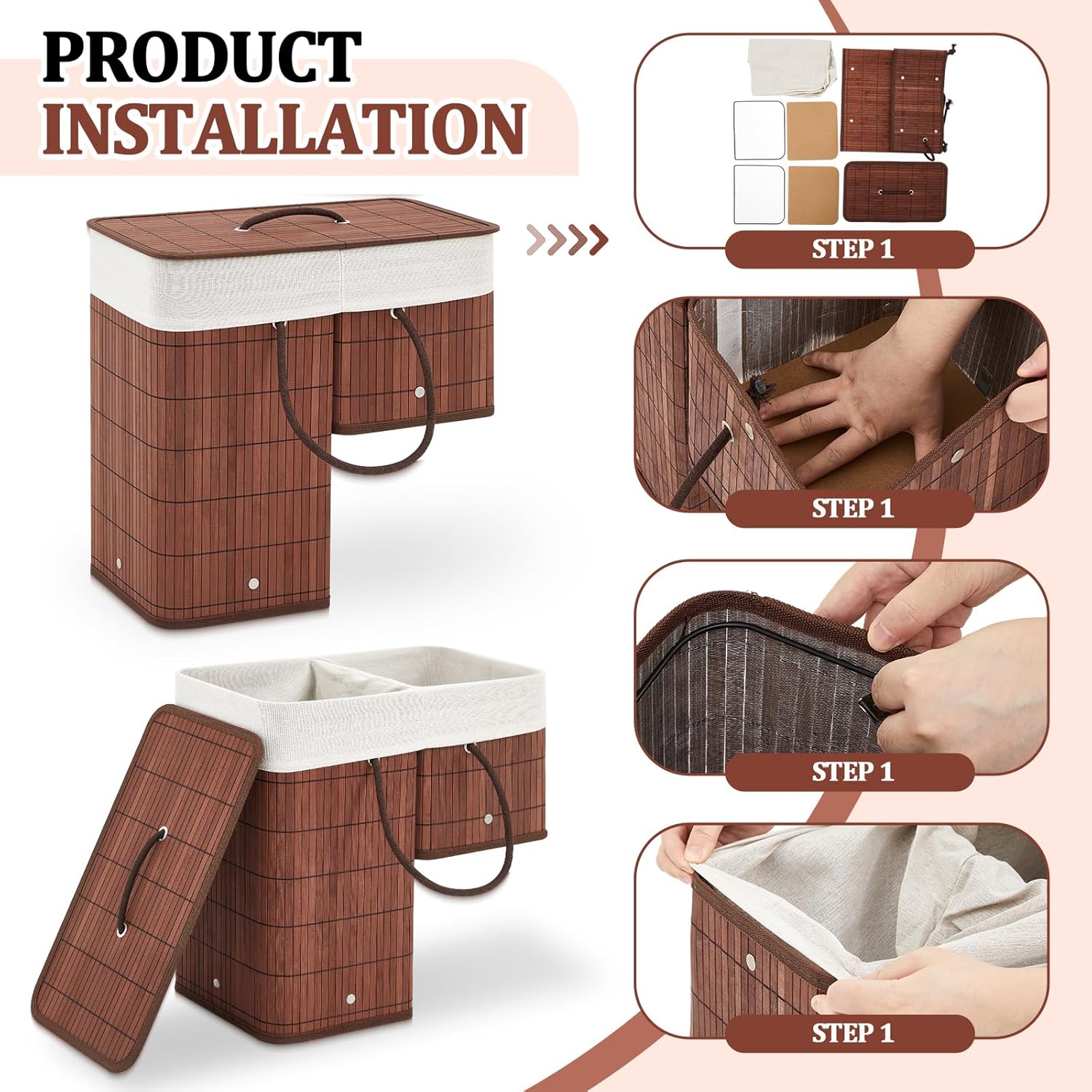 1 Stair Basket with Lid and Handles, Foldable Staircase Baskets for Carpeted and Wooden Stairs, Bamboo Step Storage Organizer for Toys Clothes Books (Brown)