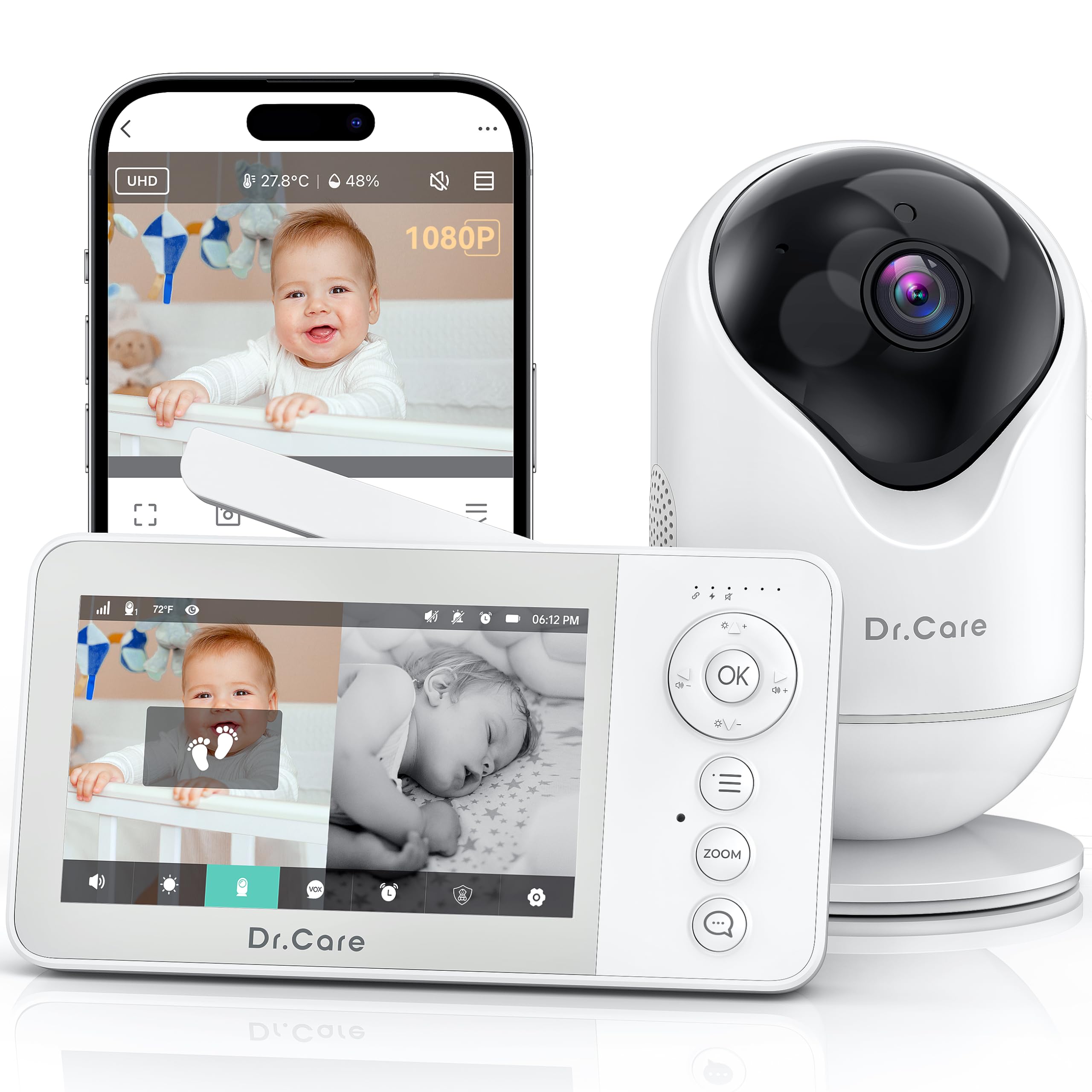 Dr.Care VistaView Lite RB Smart WLAN Babyphone mit Kamera - 4" 720P Split-Screen, 1080P Kamera, App-Steuerung, Nachtsicht, 2500mAh Herausnehmbare Batterie, 2-Wege-Audio, Bewegungsalarme