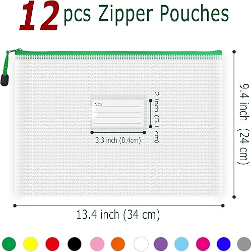 Miniatura 36 de AUSTARK Bolsa de malla de plástico con cremallera, 12 bolsas de archivos con cremallera con bolsillo para etiquetas, bolsas de almacenamiento