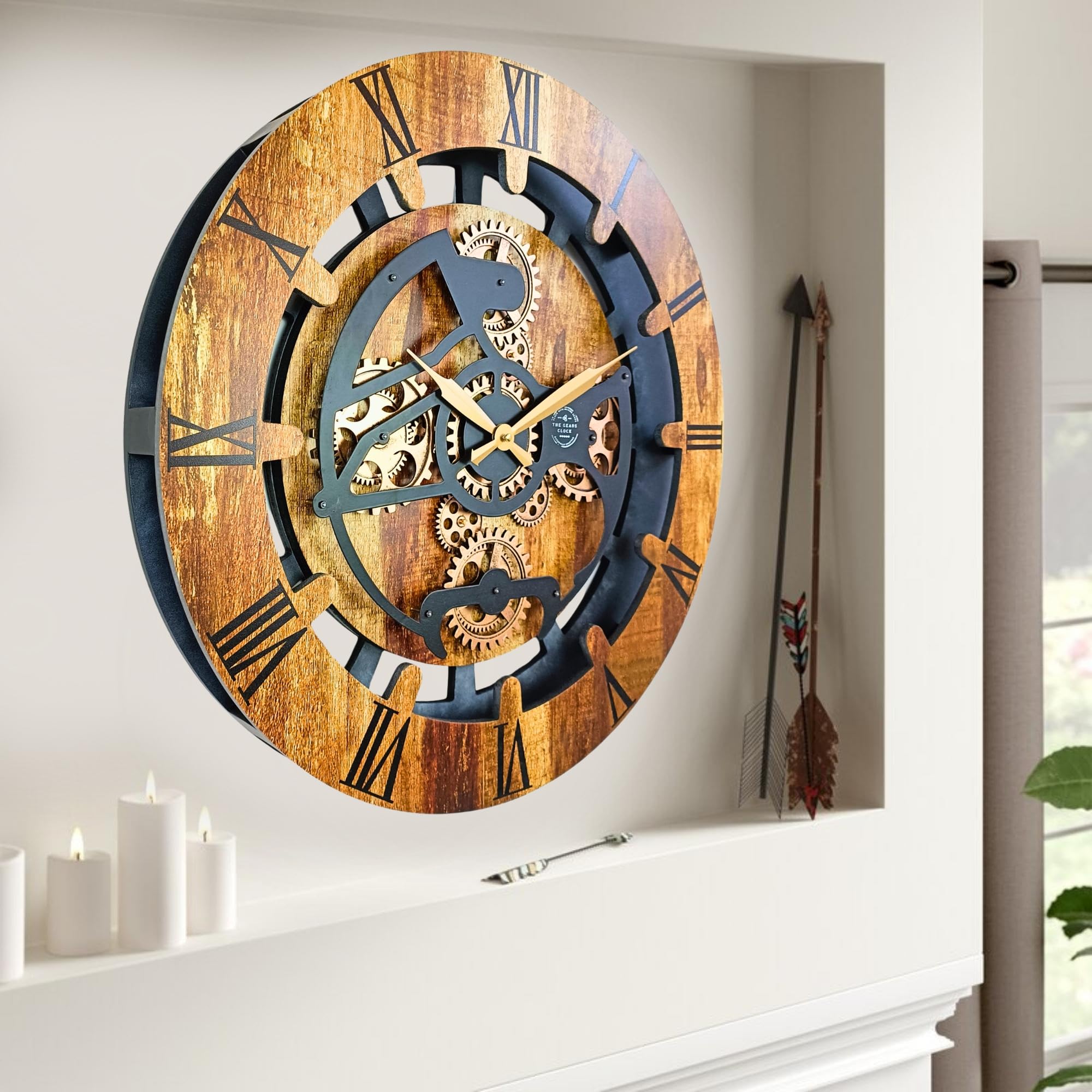 Reloj de pared THE GEARS CLOCK con engranajes móviles reales de la línea Canada de 60 cm redondo (marrón vintage, 60 cm)
