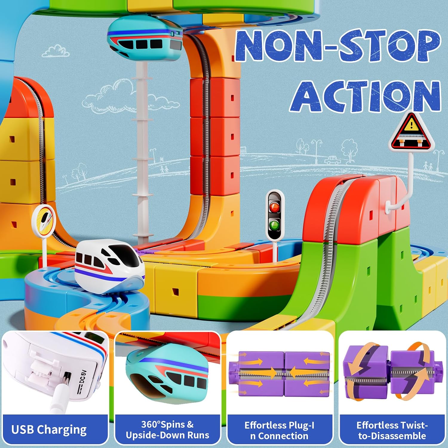 ALASOU 88 PCS Electric Infinity Racer 3D Train Set for Kids Ages 4-8, Gravity-Defying Flexible Race Track Building Toy, Educational STEM Birthday Gift for Toddlers Boys Girls 3 4 5 6 7 8+