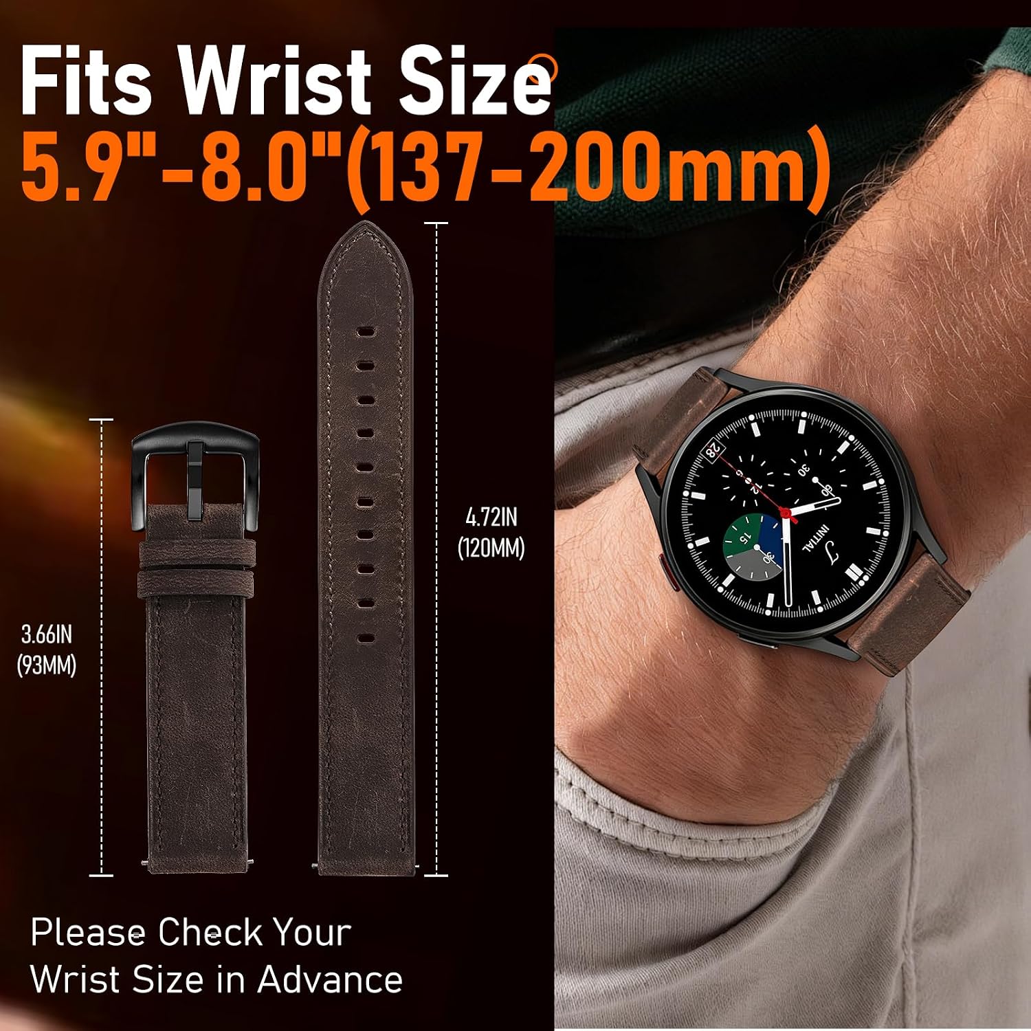Leather Band for Men Compatible with Samsung Galaxy Watch 7/6/5/4/Active 2 40mm 44mm/Watch 6 Classic 43mm 47mm/Watch 5 Pro 45mm/Watch 4 Classic 42mm 46mm, 20mm Wristband Replacement Strap image 4