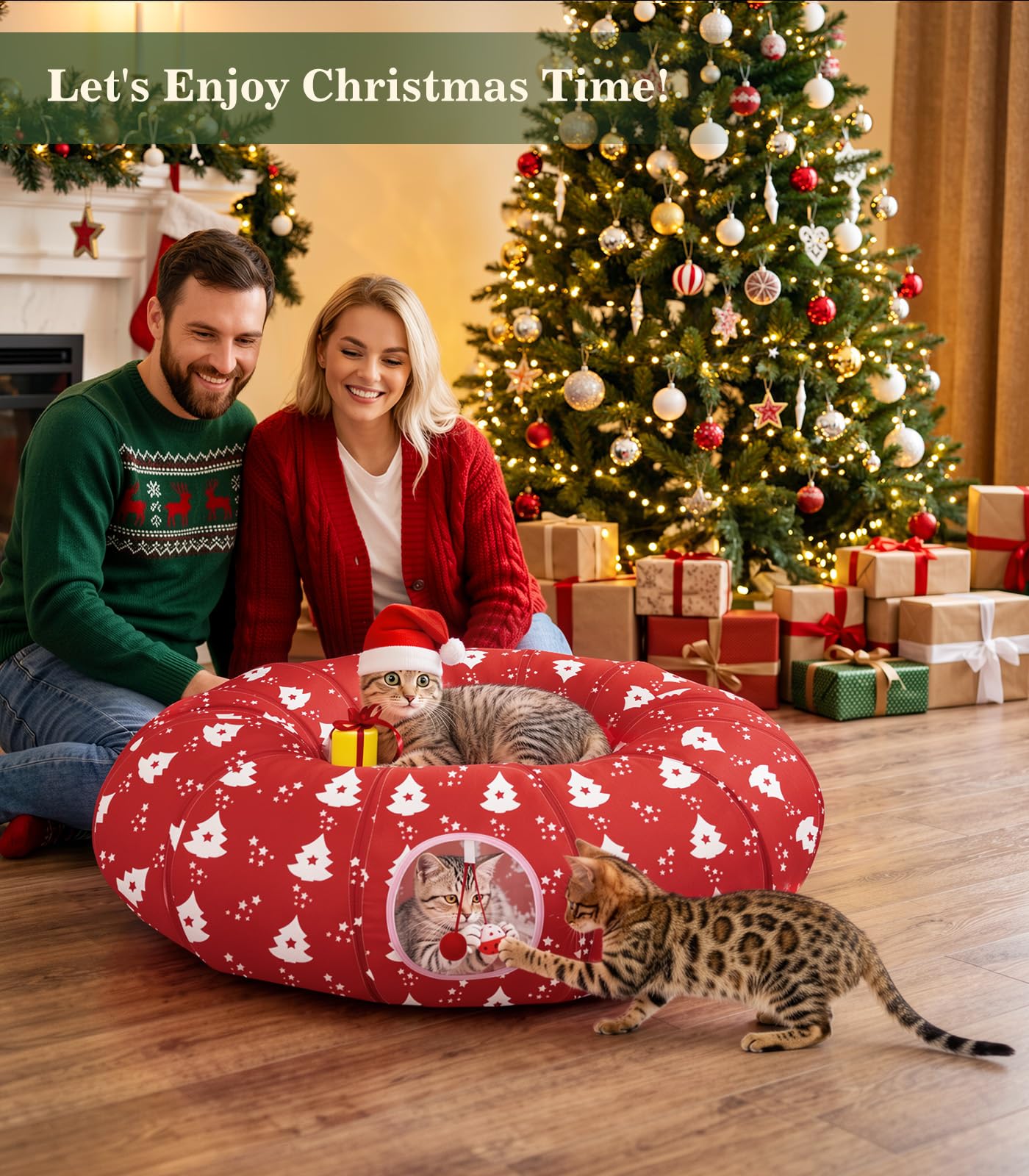 Pawaboo Lit Tunnel Noël Chat 35,4", Sapin Noël | Tunnel avec tapis, balles en peluche et grelots pour jouer, se cacher et se reposer.