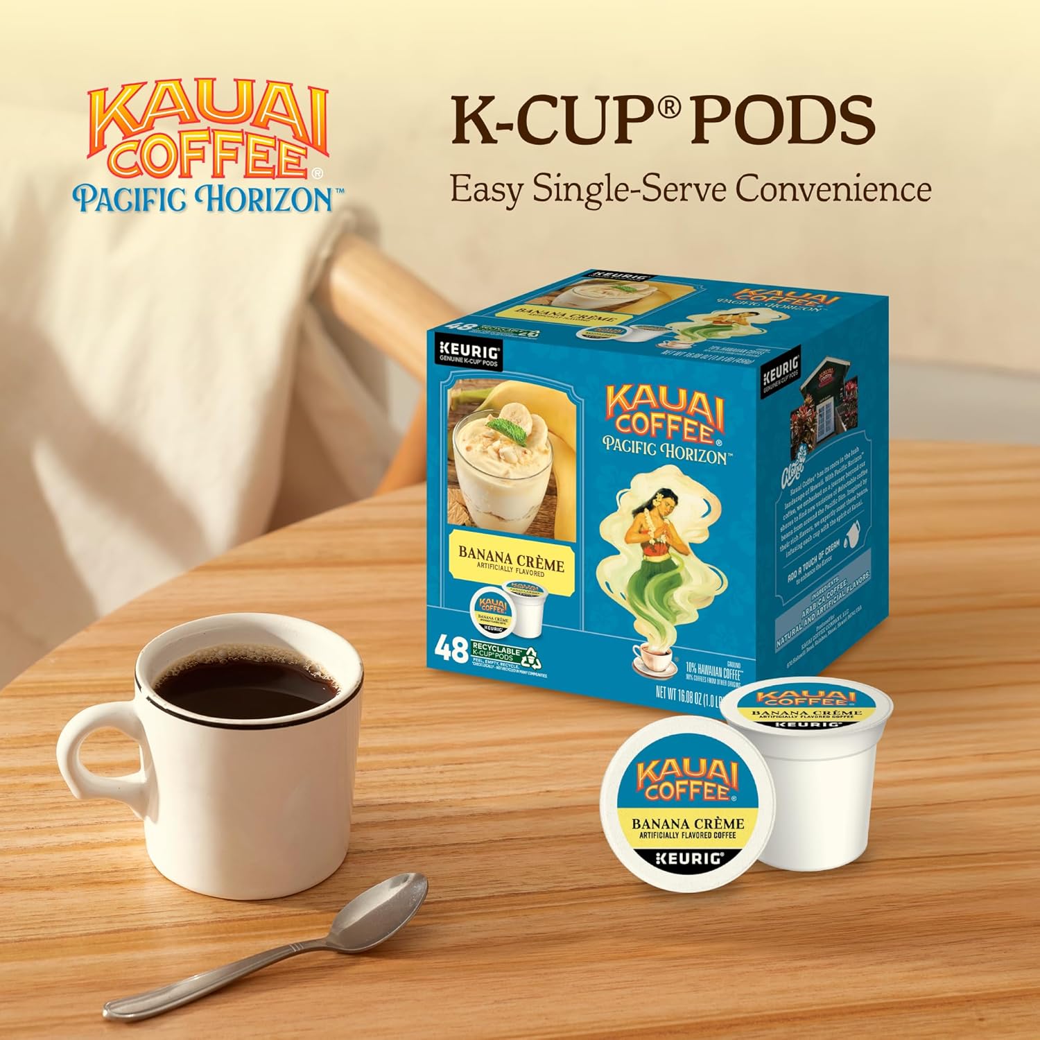 Kauai Coffee K-Cup Pods for Keurig Brewers – Arabica Coffee, 10% Hawaiian – Medium Roast, Banana Flavor with Creamy Vanilla – Banana Crème, 1 Pack of 48 Single Serve K-Cups