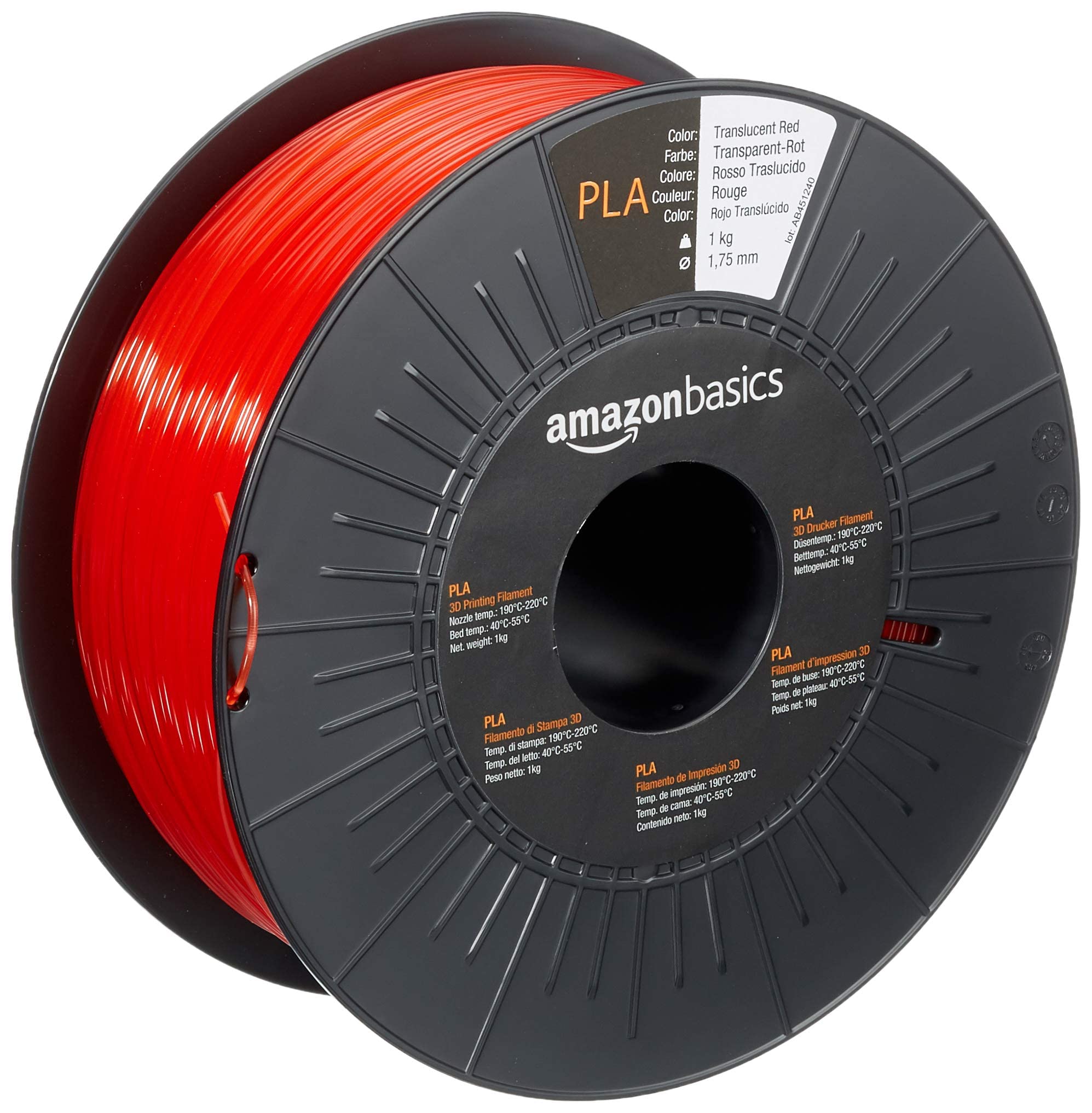 Amazon Basics PLA 3D Printer Filament, 1.75mm, Translucent Red, 1 kg Spool