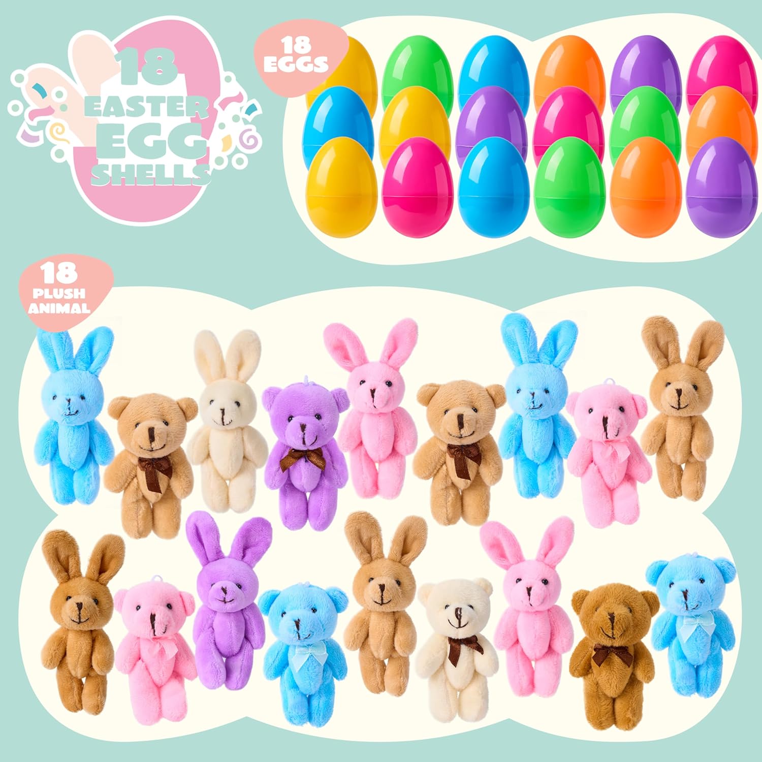 JOYIN 18 Pcs Prefilled Easter Eggs with Plush Animals, Eggs with Plush Bunnies & Bears, Basket Stuffers for Girls, Party Favors for Kids, Classroom Prizes Supplies