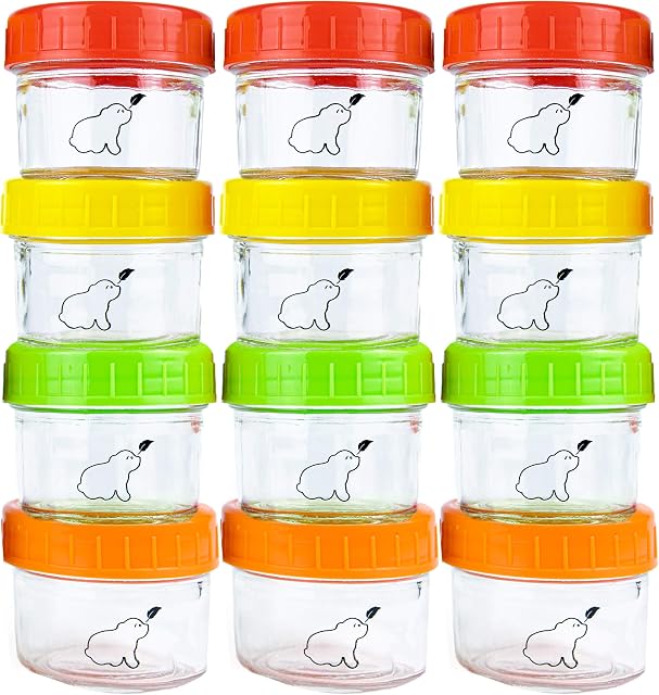 Budding Bear Glass Baby Food Storage Containers 120 ml / 4 fl oz (Set of 12) - Dishwasher, Freezer & Microwave Safe (Without Lid) - Free of BPA, Phthalate, Lead & PVC - Reusable Baby Weaning Pots