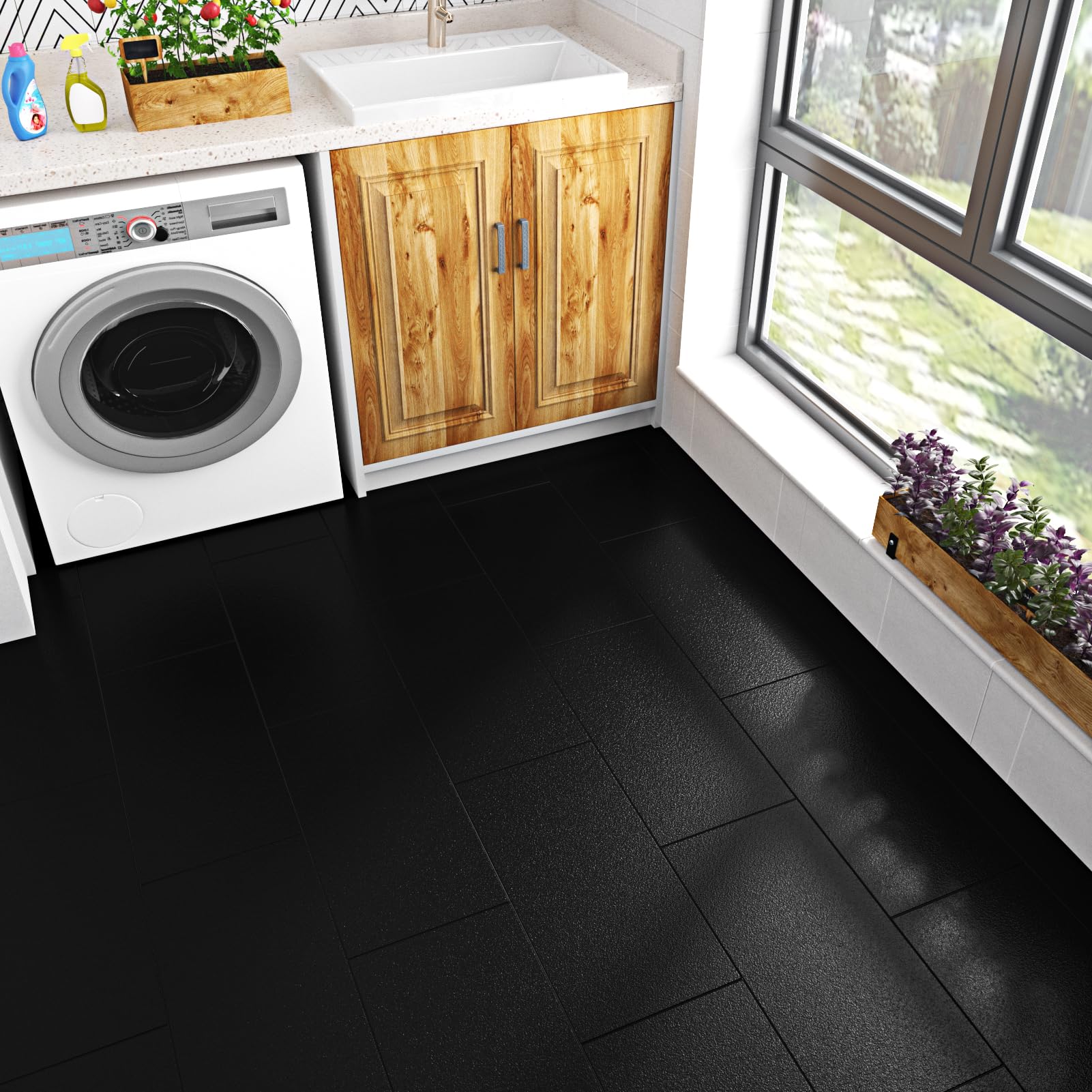 15 Pezzi Pavimento Pvc Adesivo Nero Piastrelle Adesive Pavimento Lavabile Linoleum Pavimento Adesivo Per Interni Mattonelle Adesive Pavimento Piastrelle Adesive Cucina Bagno 60cm x 30cm