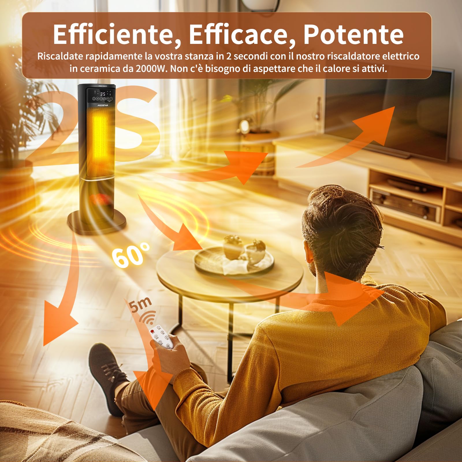 Aigostar Bert - Termoventilatore Ceramico Stufa Elettrica a Torre Silenziosa Riscaldatore elettrico con Telecomando 3 Modalità Termostato Regolabile, Timer 7.5h Oscillazione di 70 ° 2000W Nero