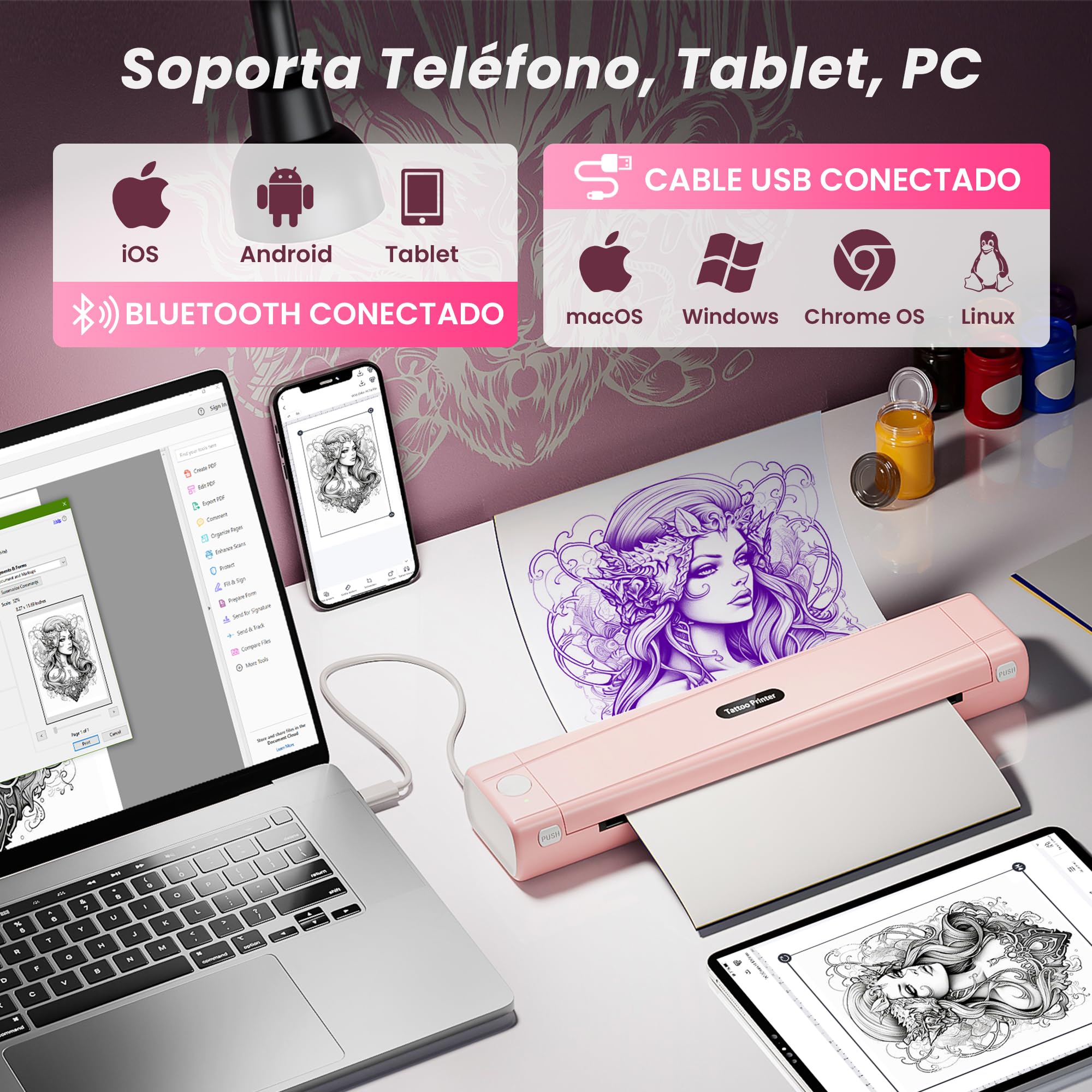 TATTMUSE Impresora de Tatuaje, Termocopiadora Tattoo con 10pcs de Tattoo Transfer Papel, Impresora Termica Tattoo para Principiantes y Artistas del Tatuaje, Rosado