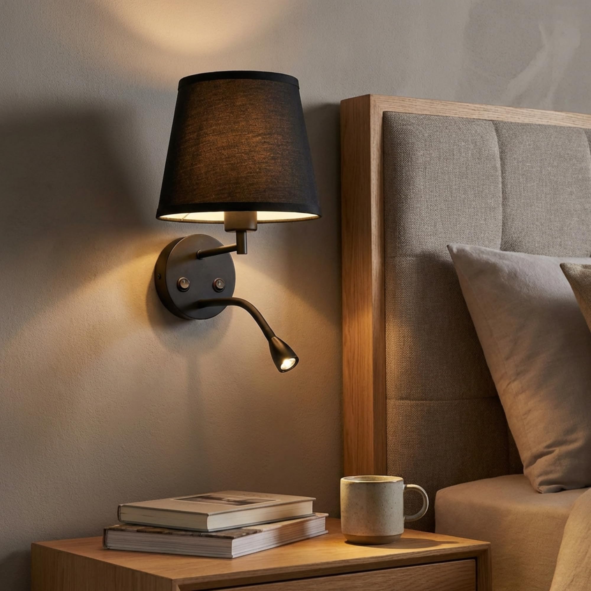BarcelonaLED lampa ścienna LED E27 z Flexo lampka do czytania wychylna, elastyczna 3 W, tekstylny przełącznik do sypialni, zagłówka, łóżka, salonu