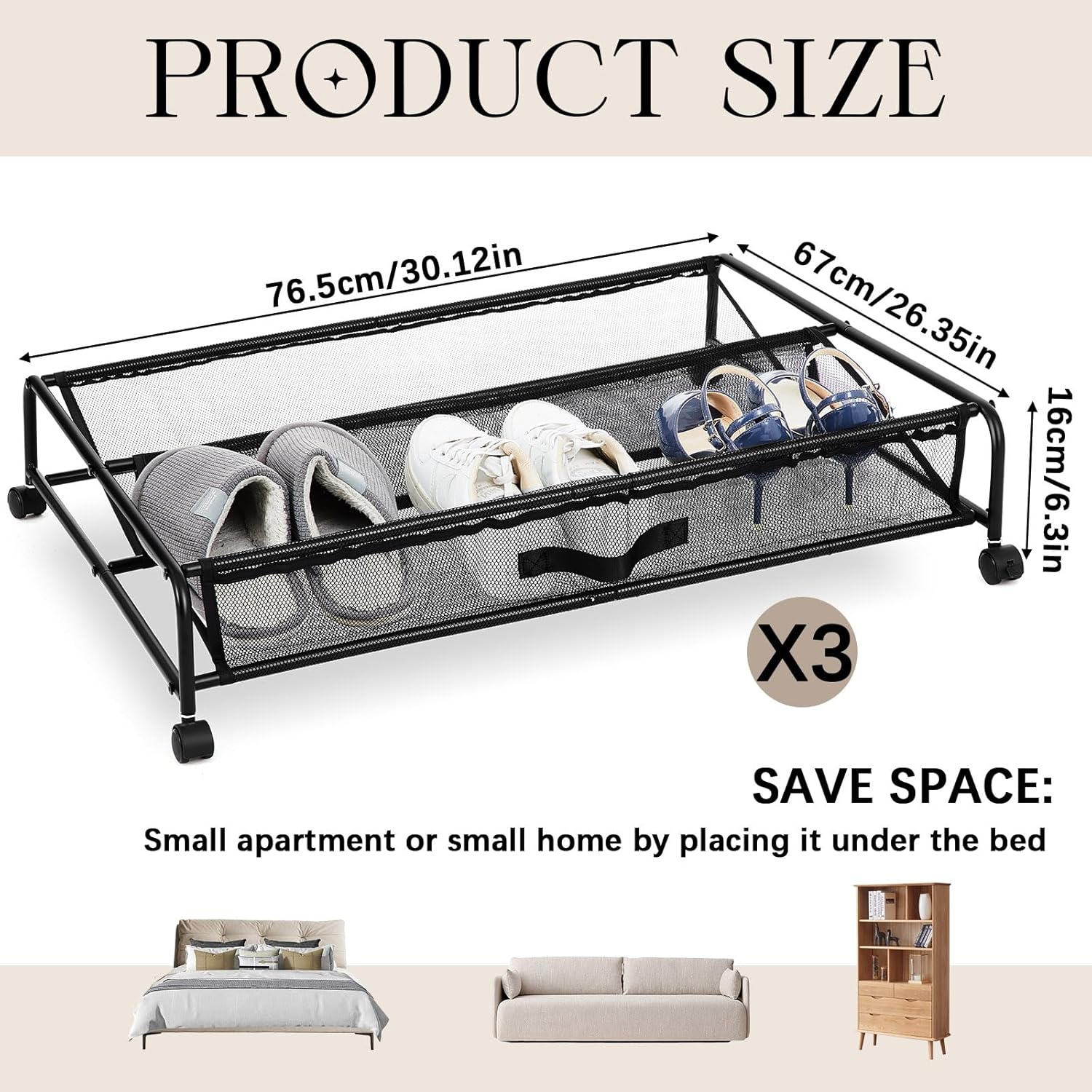 3 Packs Under Bed Shoe Storage Organizers with Wheels Large Rolling Under bed Metal Shoe Drawers Assembly for House Bedroom Apartment Sofa Drawer Organization Storage Space Saving