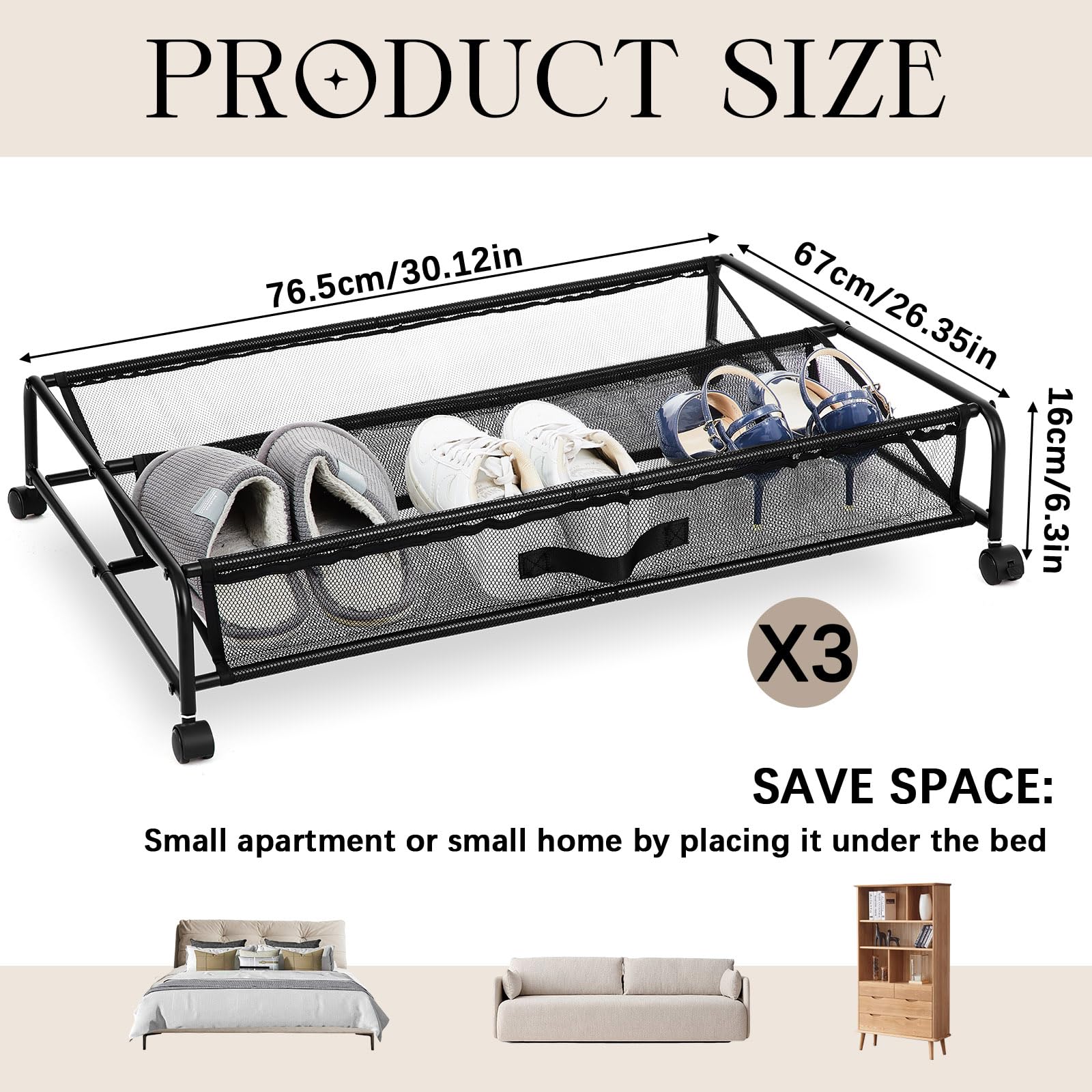 Teenyyou 3 Packs Under Bed Shoe Storage Organizers with Wheels Large Rolling Under bed Metal Shoe Drawers Assembly for House Bedroom Apartment Sofa Drawer Organization Storage Space Saving