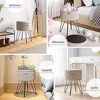 Vista 8 de STORAGEBUD Otomana redonda con almacenamiento, otomana de almacenamiento de bouclé, taburetes otomanos, taburete de tocador de maquillaje, pequeños