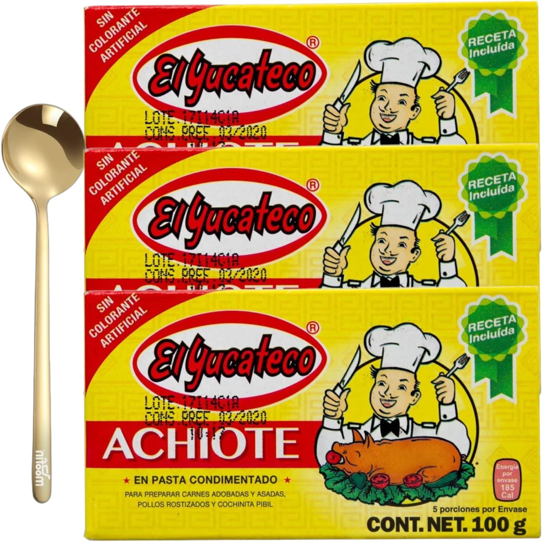 moofin Achiote El Yucateco Achiote Paste, 3.5 oz - Tex Mex Paste with Golden SS Spoon, El Corte Azteca Achicote for Tacos, Enchiladas & More, Rich in Flavor, No Artificial Additives, Annatto Paste~ P