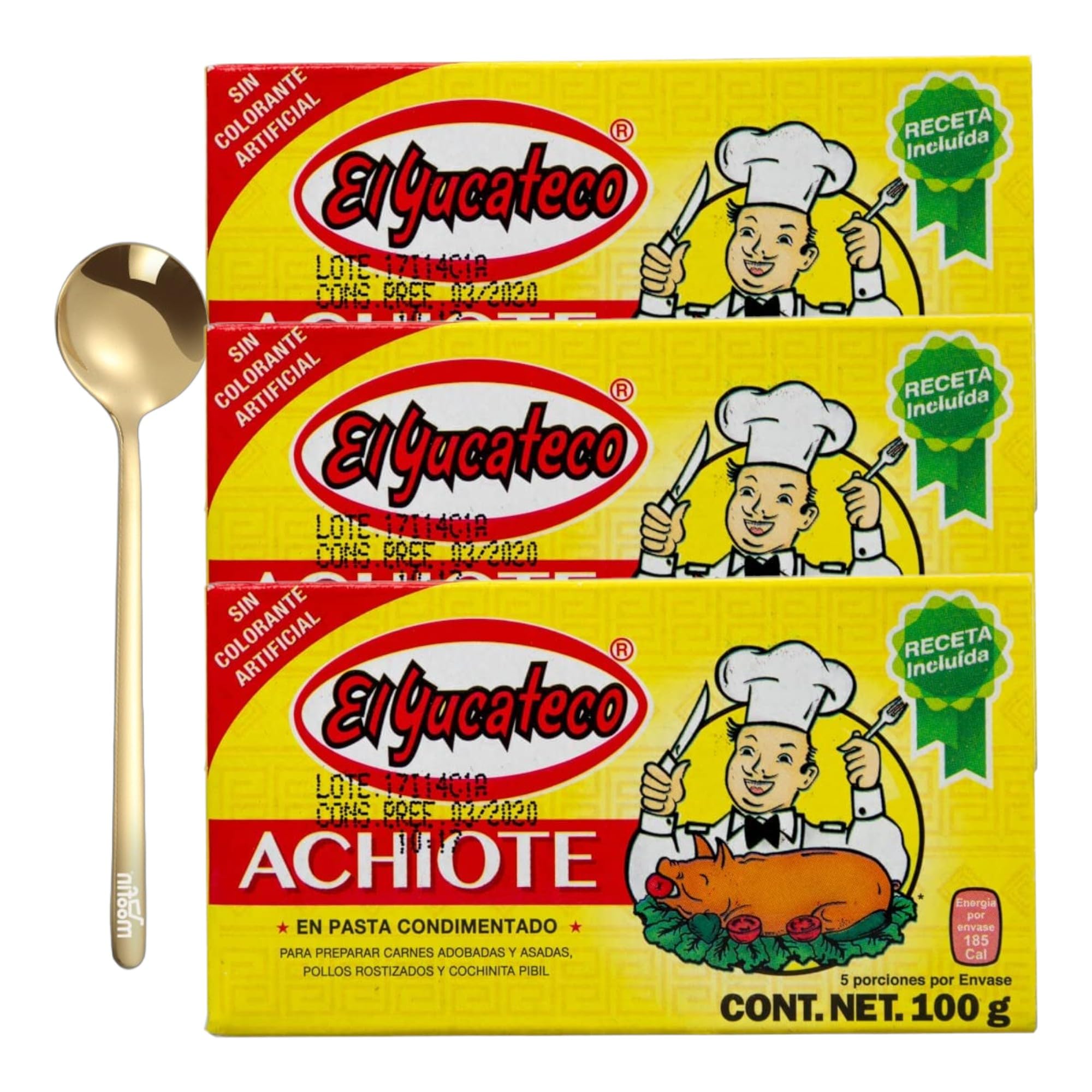 moofin Achiote El Yucateco Achiote Paste, 3.5 oz - Tex Mex Paste with Golden SS Spoon, El Corte Azteca Achicote for Tacos, Enchiladas & More, Rich in Flavor, No Artificial Additives, Annatto Paste~ P