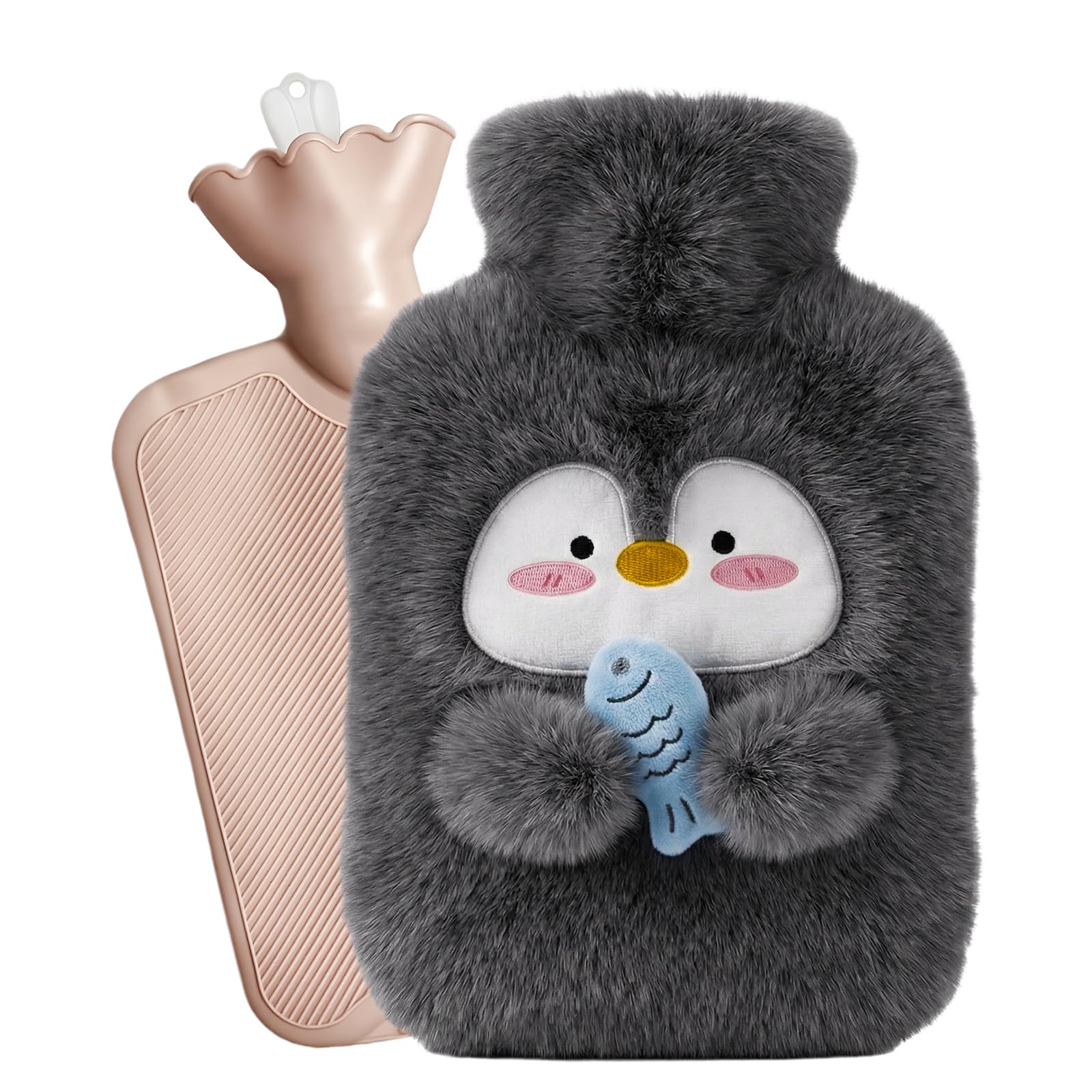Ftrule Wärmflasche mit Bezug, 1000 ML Wärm-flasche Tier, Plüsch Flauschige Wärmflasche, Wärm-flasche Pinguin, Abnehmbare und Waschbare, für Wärmekompresse und Kältetherapie