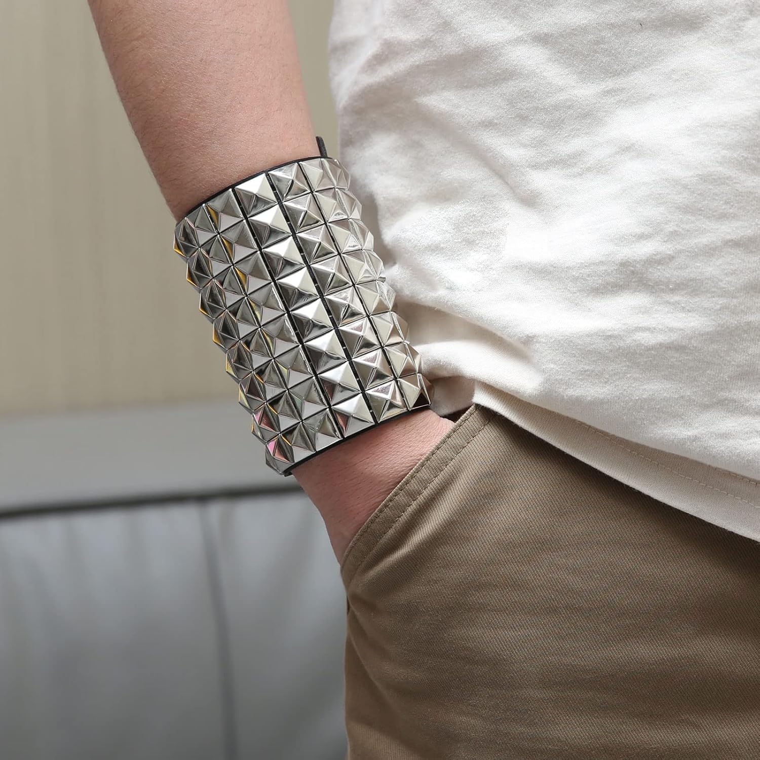 STWTR Unisex Black Metal Pyramid Stud Gothic Punk Rock Bike Wide Shoulder Leather Bracelet - Image 6