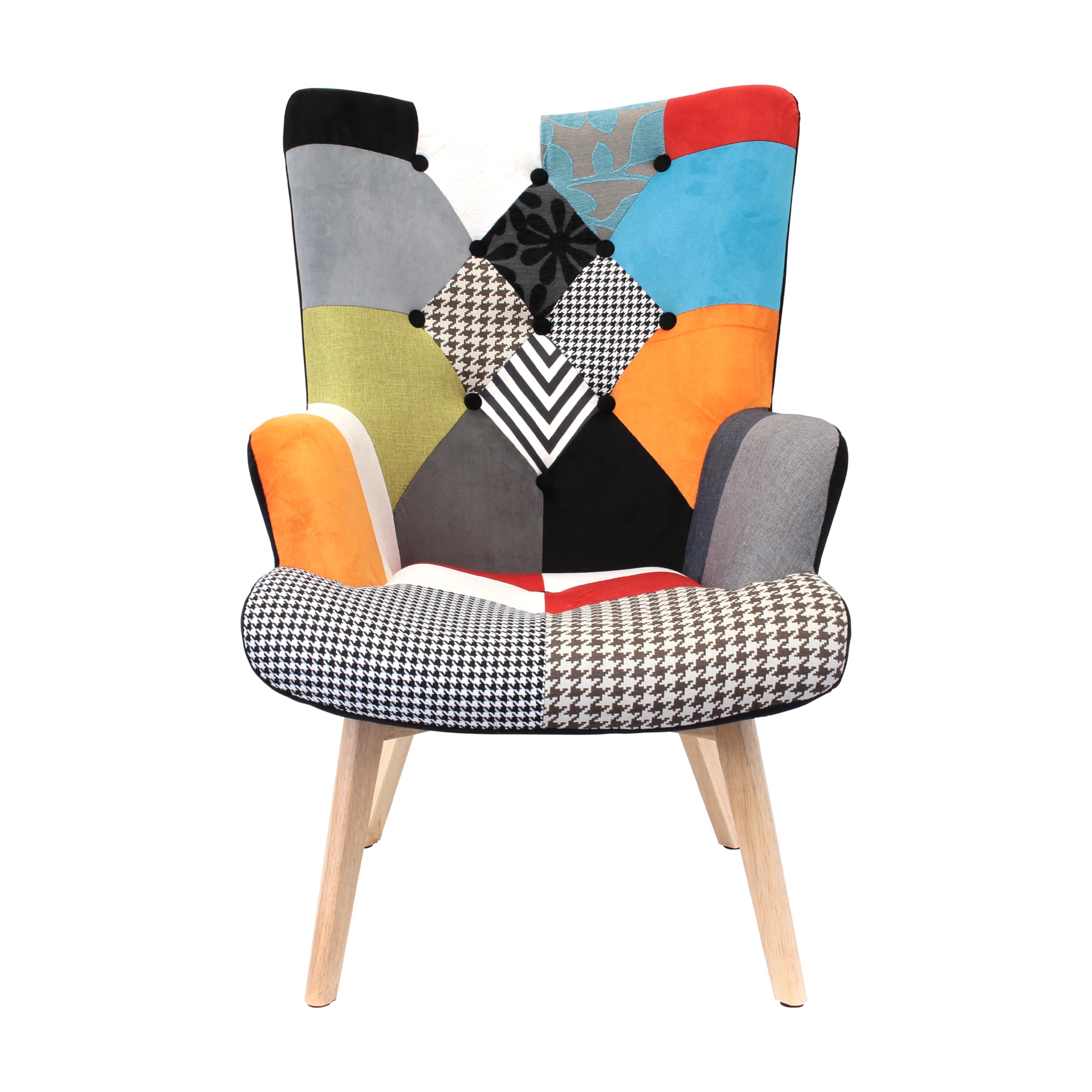 HOME DECO FACTORY Bilderrahmen-Set 10-teilig Verschiedene Größen Schwarz | Sessel aus Holz, Metall und Stoff im Patchwork-Stil, skandinavisches, bequeme Sitzfläche, Wohn-/Esszimmer, 66x99,5x72cm