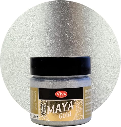 Viva Decor Maya Gold (Plata) 1.52 onzas líquidas - Pintura acrílica metálica brillante para trabajos creativos en madera, vidrio y porcelana.