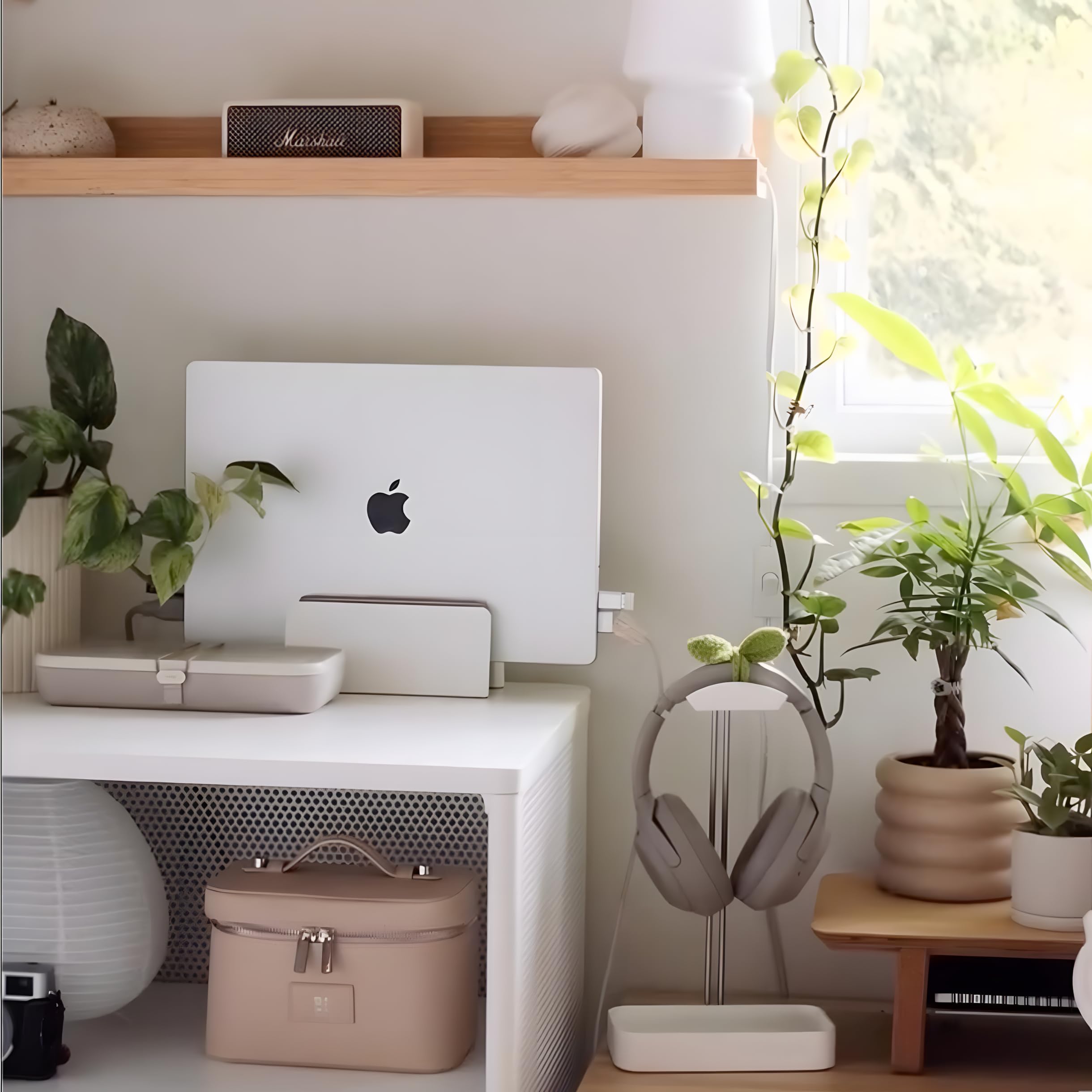 Raico Supporto verticale per computer portatile, regolabile, in legno bianco, a conchiglia, supporto per MacBook da scrivania, bianco opaco, doppio slot