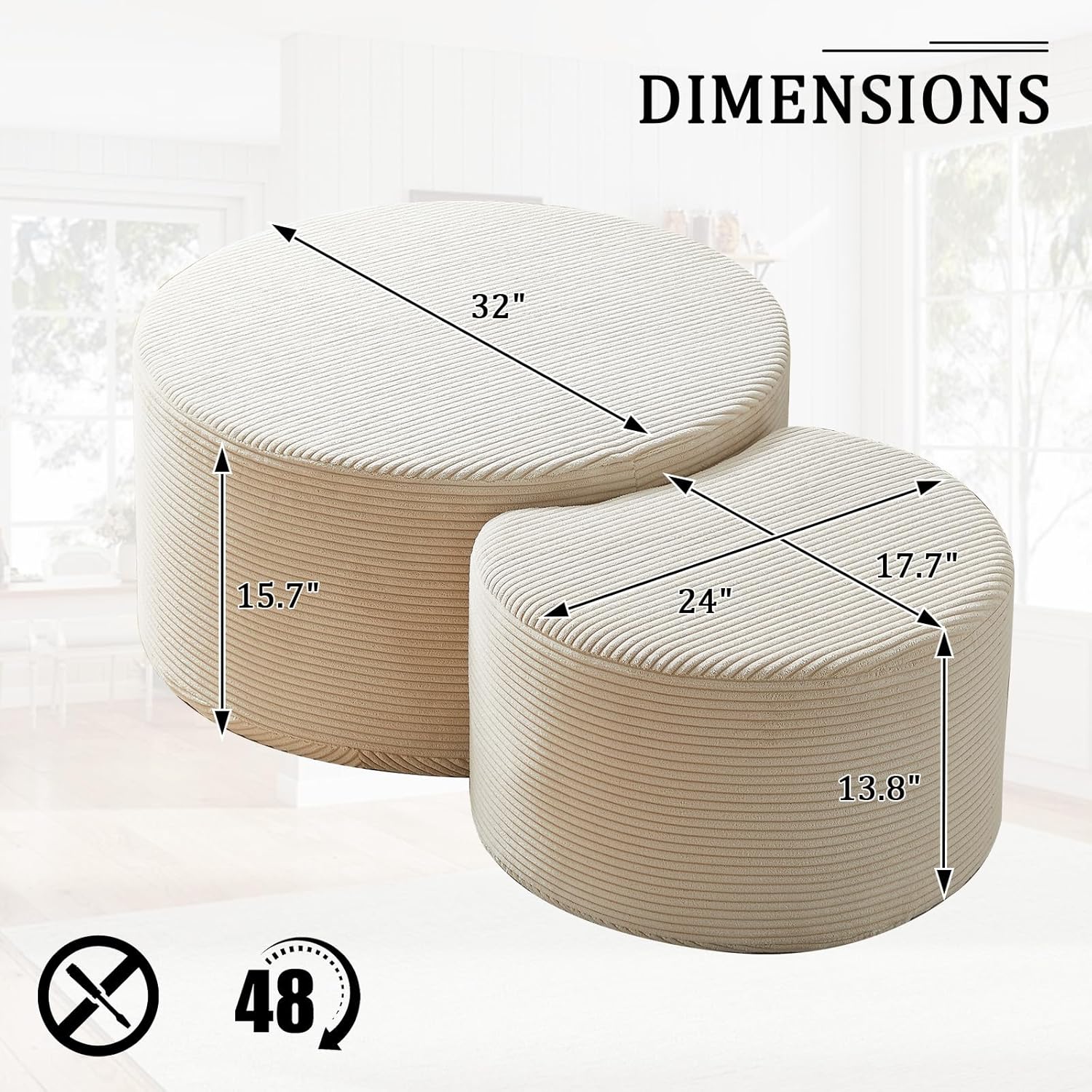 Round Upholstered Nesting Coffee Table Set, 32"+17" Modern Ottoman Coffee Table with Side Table Corduroy Circle Footstool Cocktail Center Table Foot Rest for Living Room No Assembly, Beige