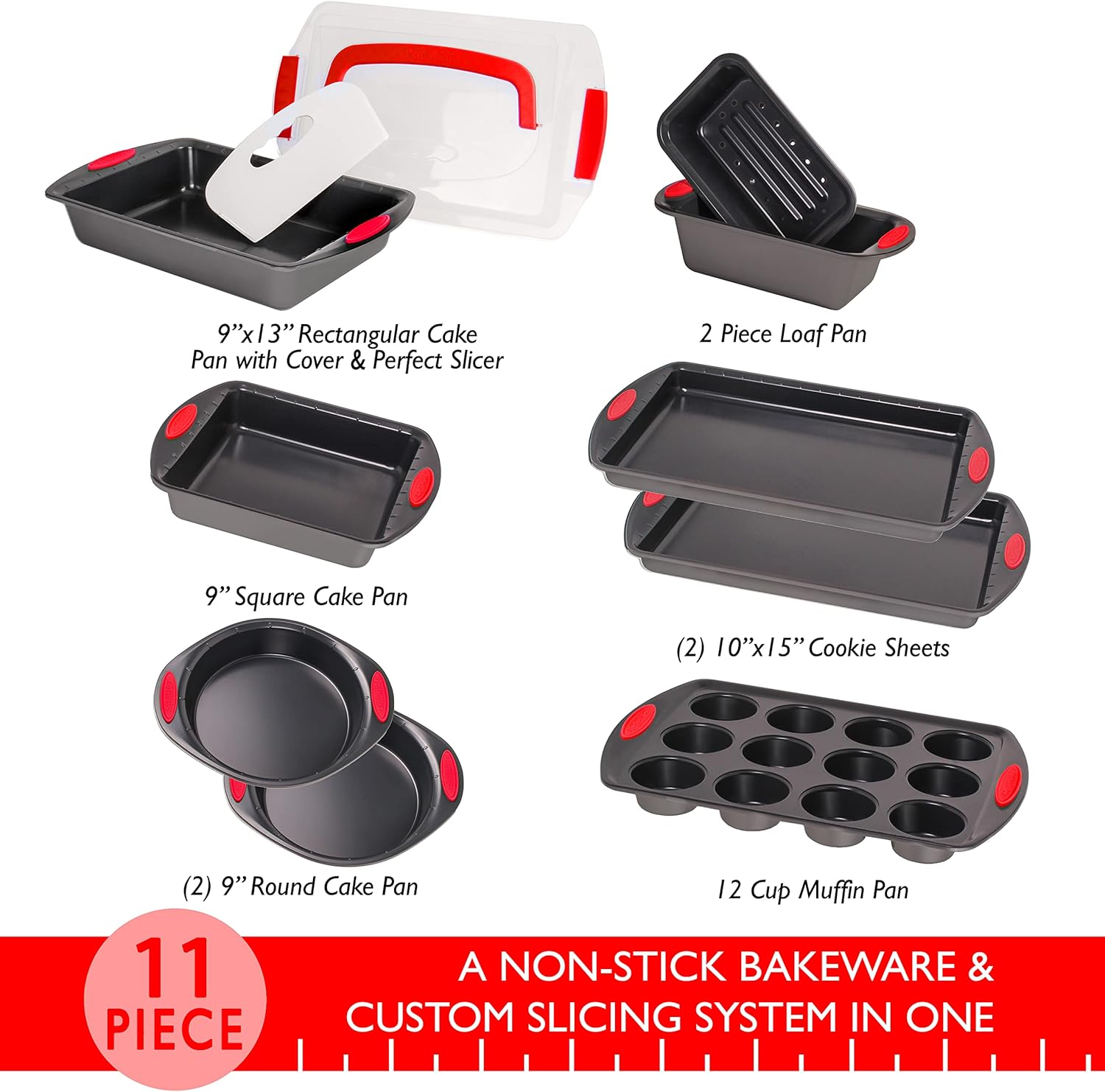 11Pc Perfect Slice Bakeware Set, Covered Rectangle Cake Pan, Cookie Sheets, Muffin Pan, Loaf Pan, Round, Square and Rectangle Cake Pans, Slicer, Non Toxic, PFOA Free, Grey & Red