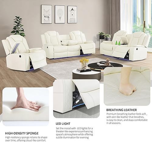 Miniatura 4 de Sofá reclinable eléctrico con luz LED, sofás seccionales para sala de estar, juego reclinable de cuero transpirable con puerto USB, muebles de sala