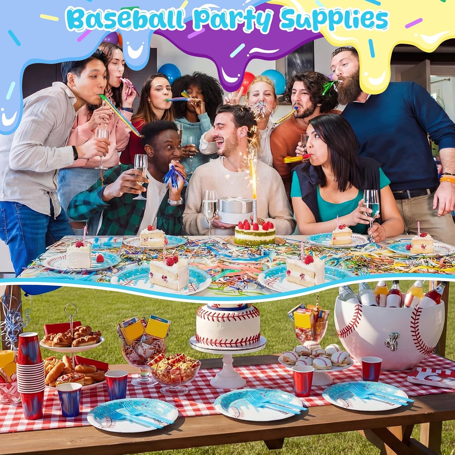 Hushee 96 Pcs Baseball Ice Cream Drip Plates and Napkins Sets Party Supplies Ice Cream Party Plates and Napkins Sport Decoration for Team Gift Birthday Camping Baby Shower(Blue)