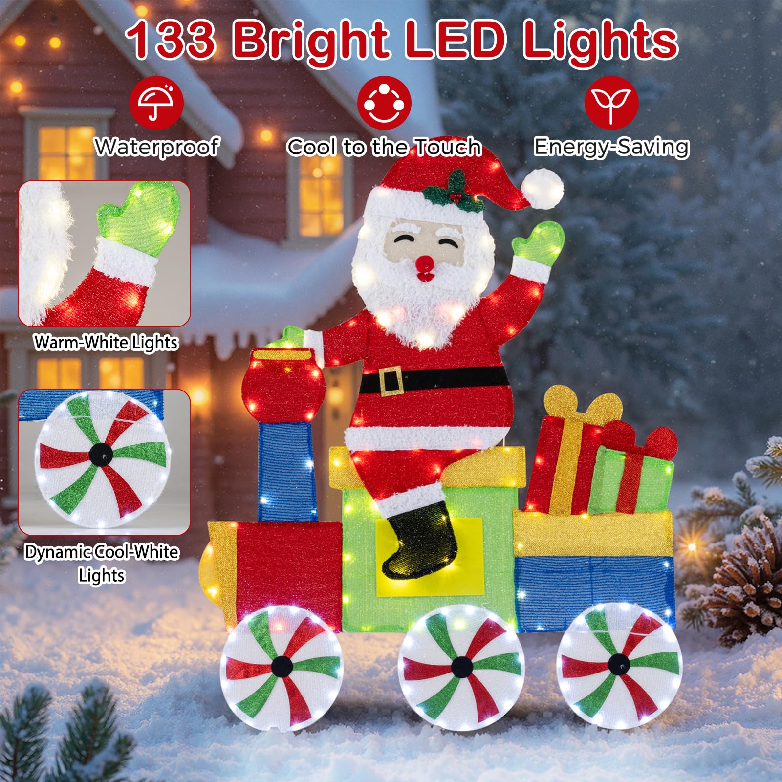 SOARS LED Weihnachtsmann 2D, Weihnachtsfigur groß 120cm im Zug, Weihnachtsdeko Outdoor mit 133 warmweißen LEDs, Weihnachtsdekoration wetterfest, Weihnachtsbeleuchtung für innen & außen