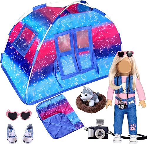 WONDOLL Versión mejorada Juego de ropa de muñeca y tienda de campaña de 18 pulgadas, incluye bolsa de dormir para muñecas, ropa, zapatos, gafas de