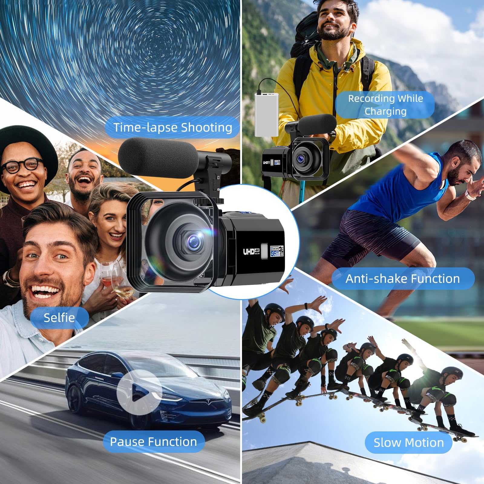 Camcorder Video Camera 5K, Dual Lens Vlogging Camera for YouTube, 3” 270° Rotatable Touchscreen WiFi 56MP Night Vision Cam Corder with 64GB SD Card, Microphone, Tripod, Stabilizer, Remote, Batteries