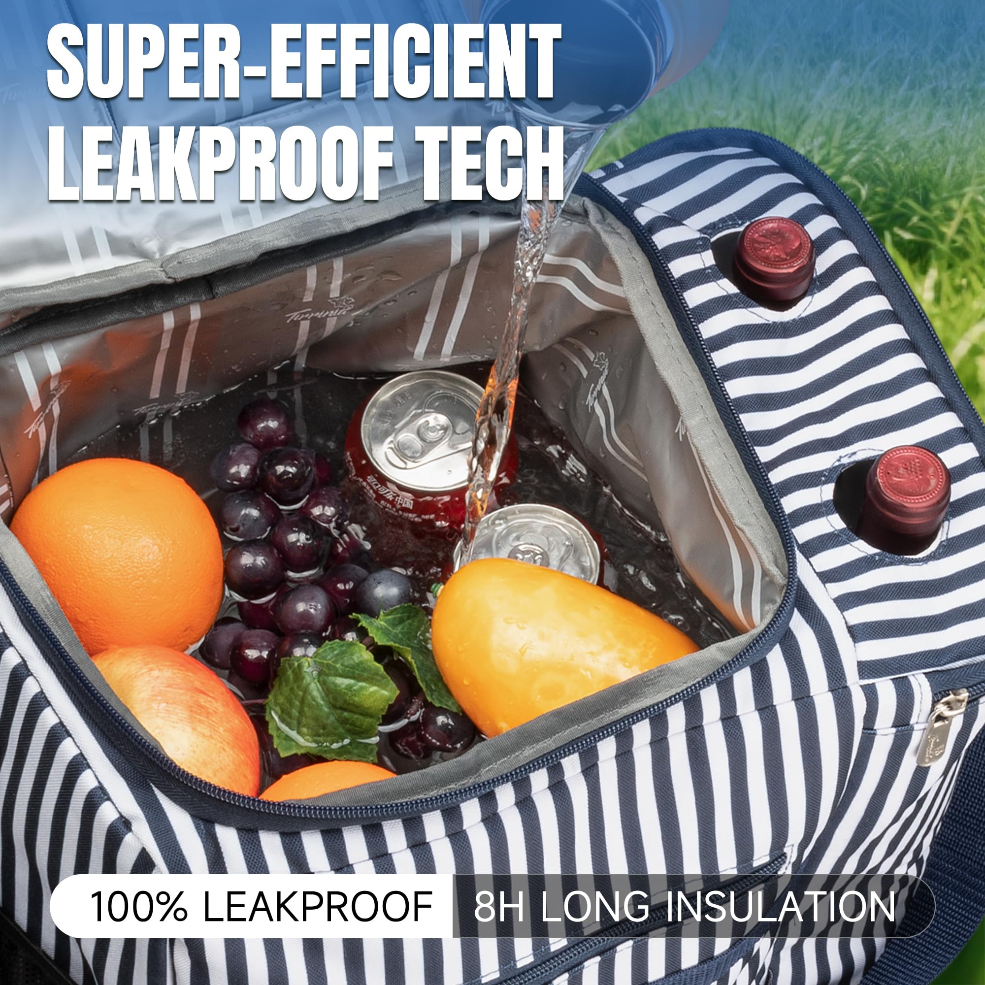 Gran Bolsa térmica de Picnic a Prueba de Fugas, Bolsa de Picnic aislada Bolsa de Comida para el Almuerzo con Correa de Hombro Ajustable para Picnic Camping Trabajo, Raya Azul