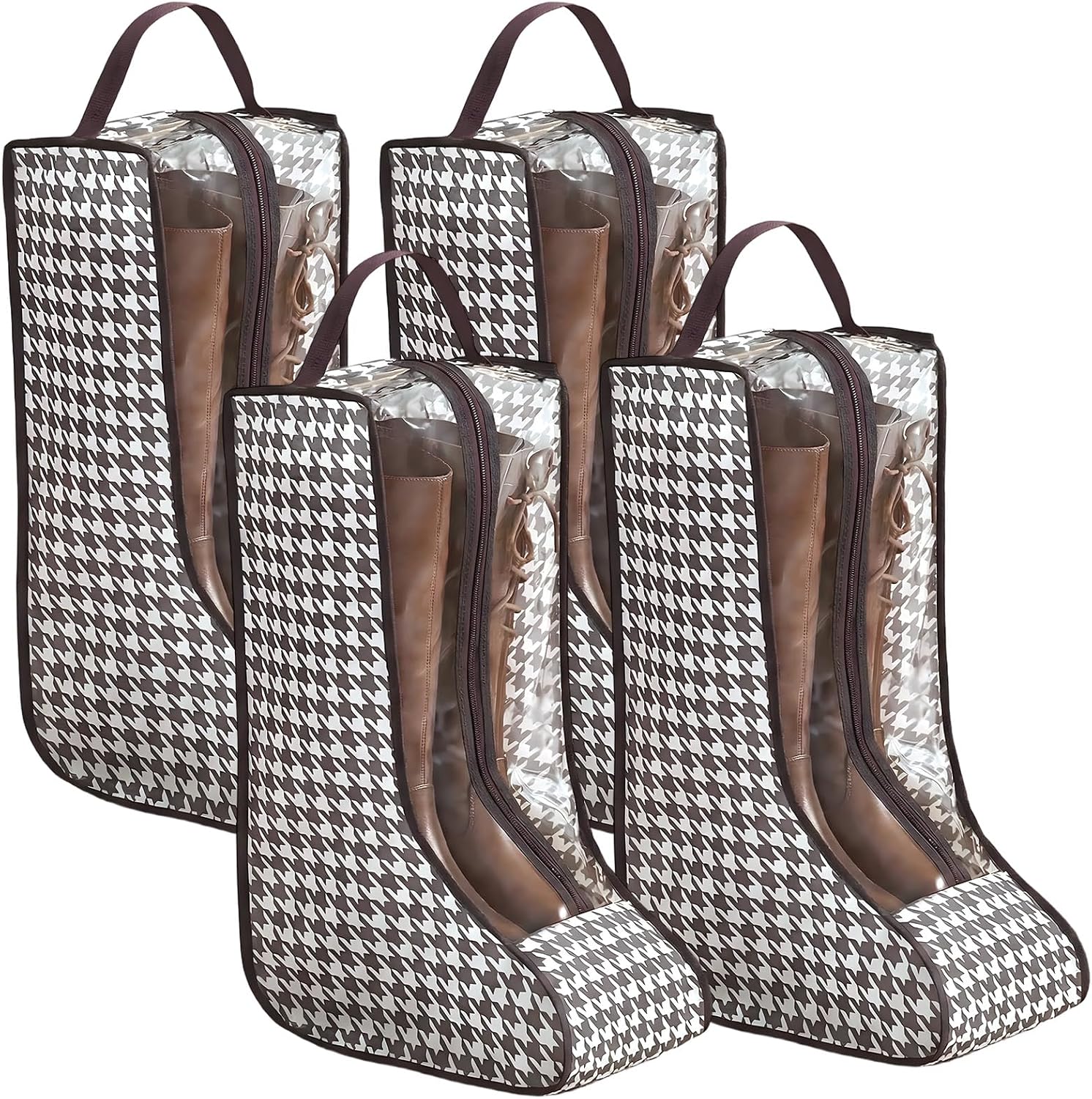 4 Pcs Boot Bags for Cowboy Boots Boot Storage Organizer Tall Boots, Houndstooth Shoe Storage Bags with Handles, Dust Proof Travel Shoes Organizer for Packing, Daily Use, Home Closet Organization