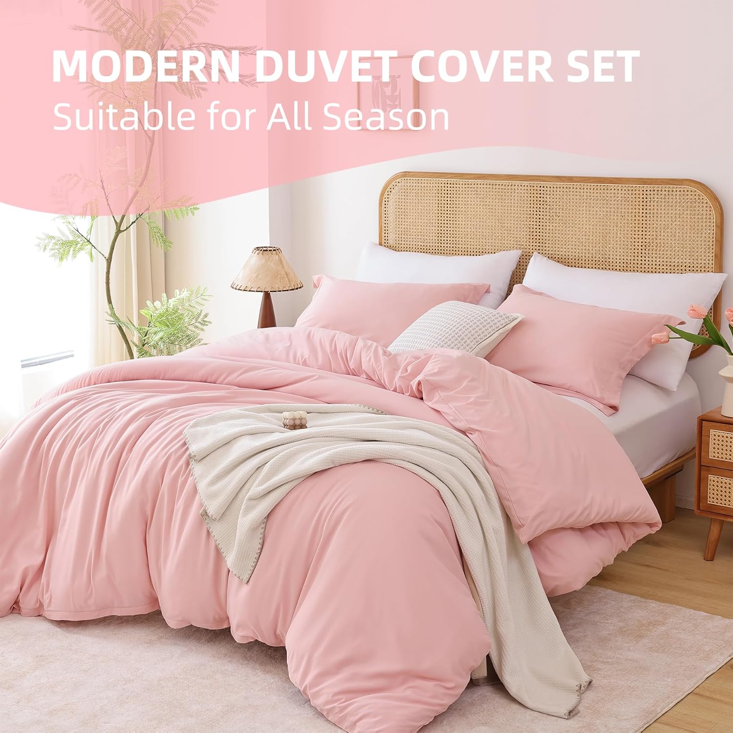 Whitney Home Textile Rose Pink Duvet Cover Set Queen Size - 3 Piece Luxury Soft Cooling Duvet Cover with Zipper Closure and Pillow Sham, Breathable Washed Brushed Microfiber, Comforter Not Included - Image 2