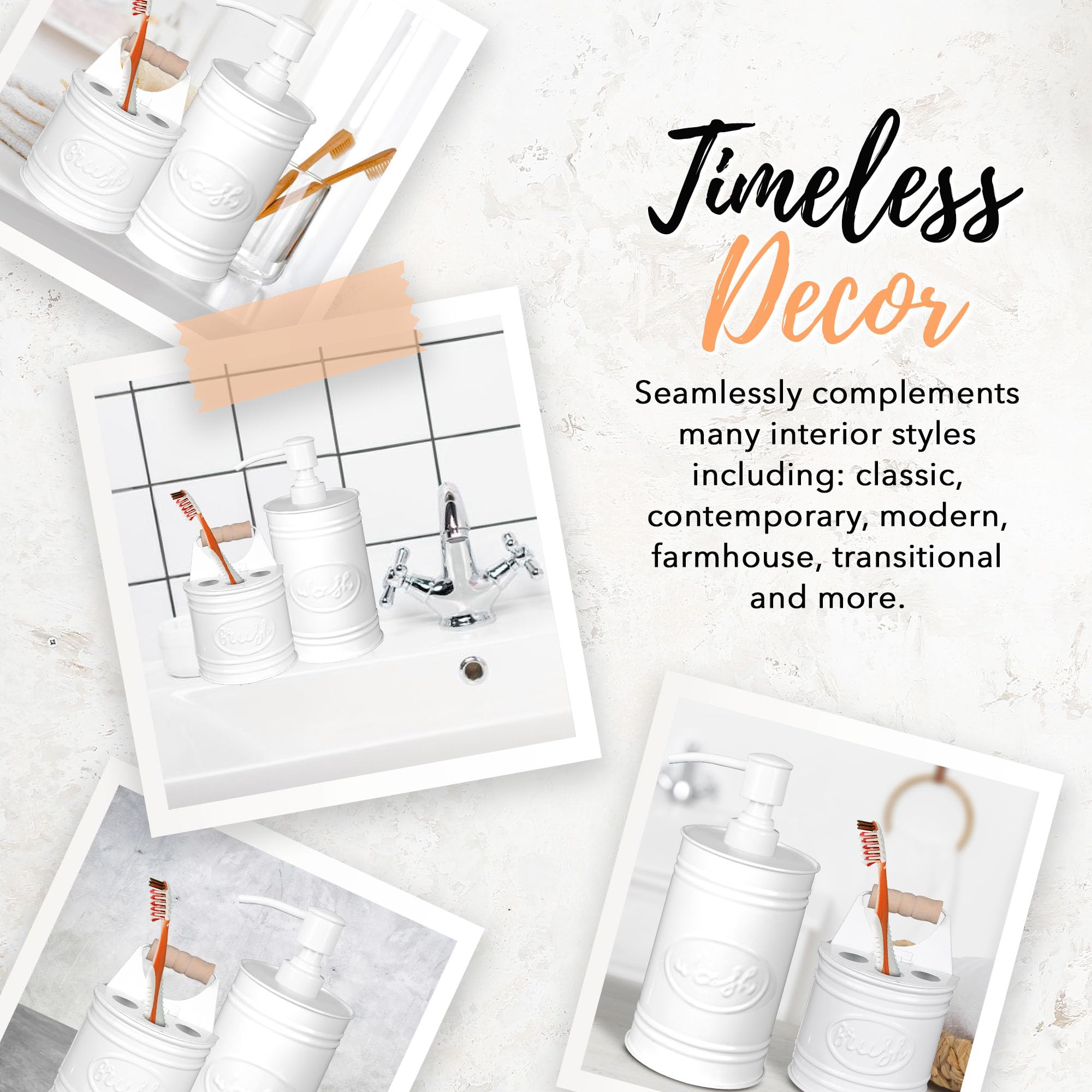 Autumn Alley Juego de accesorios de baño blancos de granja, dispensador de jabón de baño y soporte para cepillos de dientes, accesorios de baño modernos de granja, decoración de granja para encimera