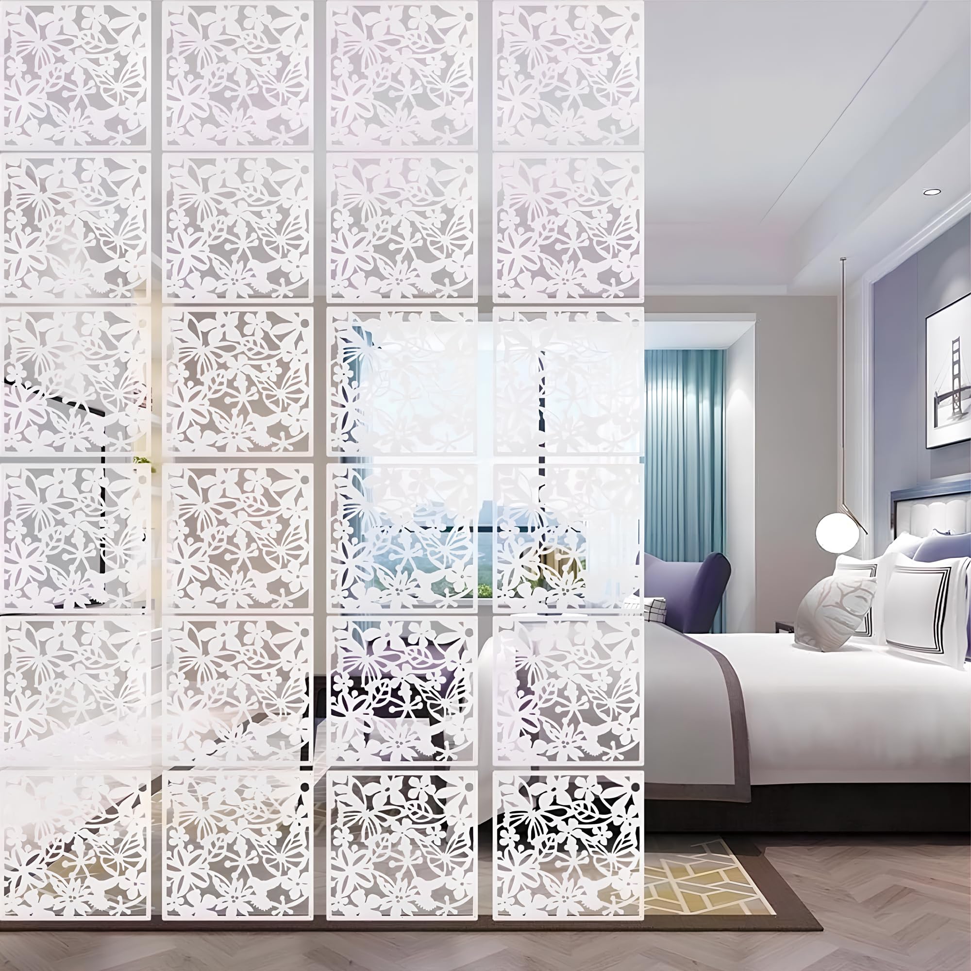 Uyoyous White Hanging Room Divider 24Pcs Solid Board Screen Panels Pvc Home Screen Panel Room Partition For Home Hotel Living Room Bedroom Sitting-Room Decoration