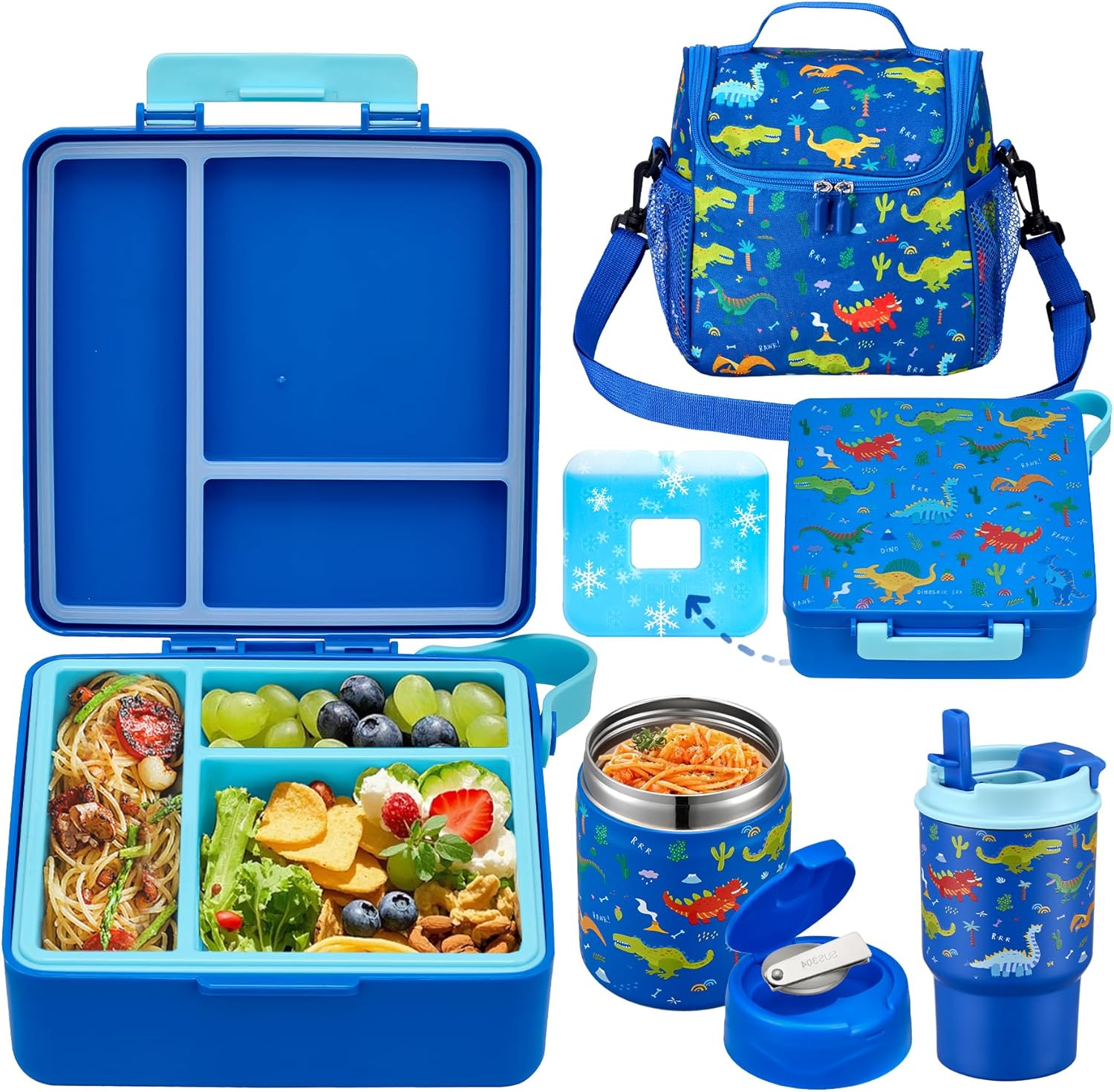 (Incomplete)Bento Lunch Box for Kids with 17oz Soup Thermo,Insulated Tumbler Water Bottle and Insulated Lunch Bag,Leak-Proof 3 Compartment Lunch Food Container with with Ice Pack for Kids to School-Dinosaur