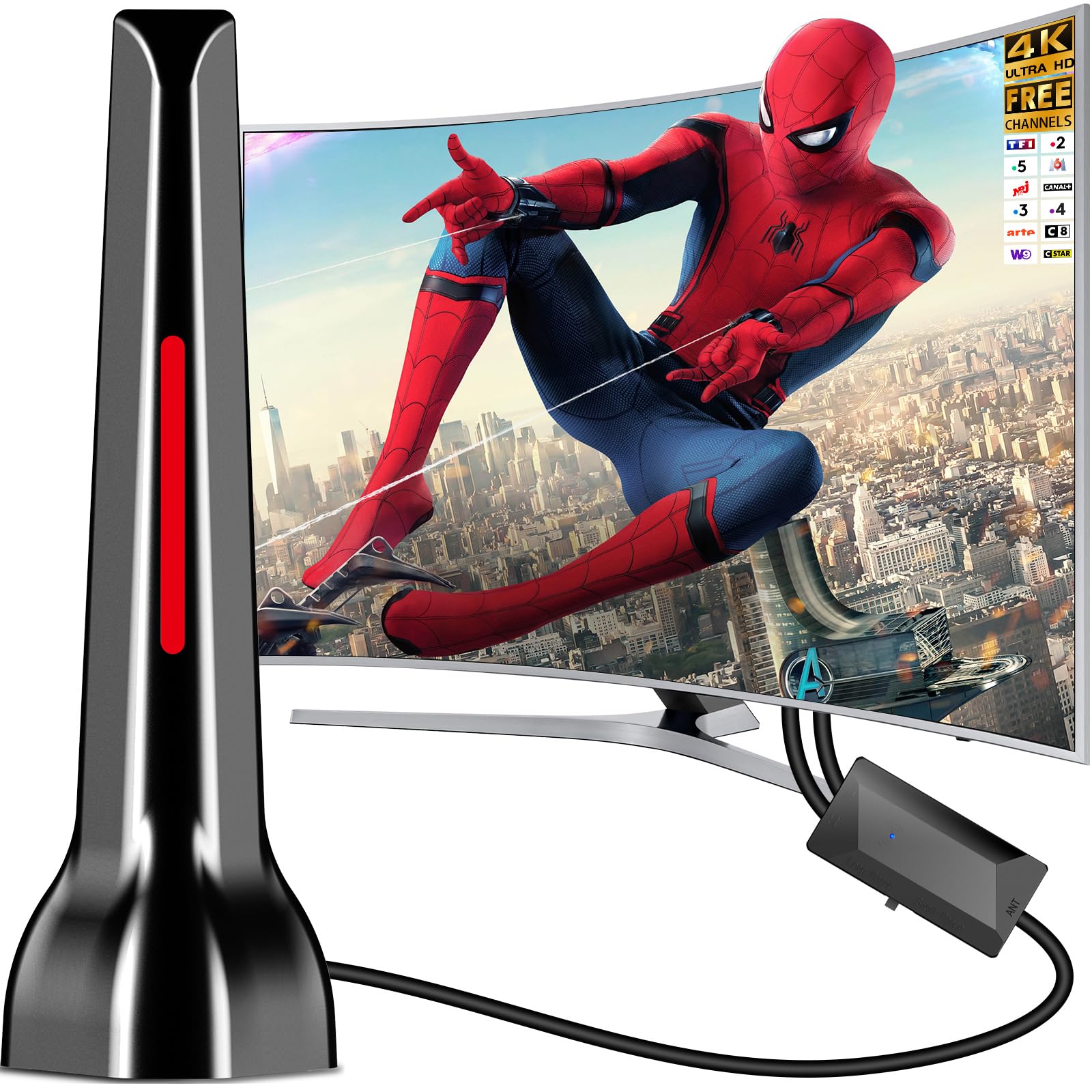 Antenne TV intérieur, Antenne TV Intérieur Puissante TNT HD 2026, Antennes TNT Intérieur Amplifiée pour Téléviseur Intelligent, Compatible DVB-T2 4K 1080P pour Chaînes Locales Gratuites (Rouge)