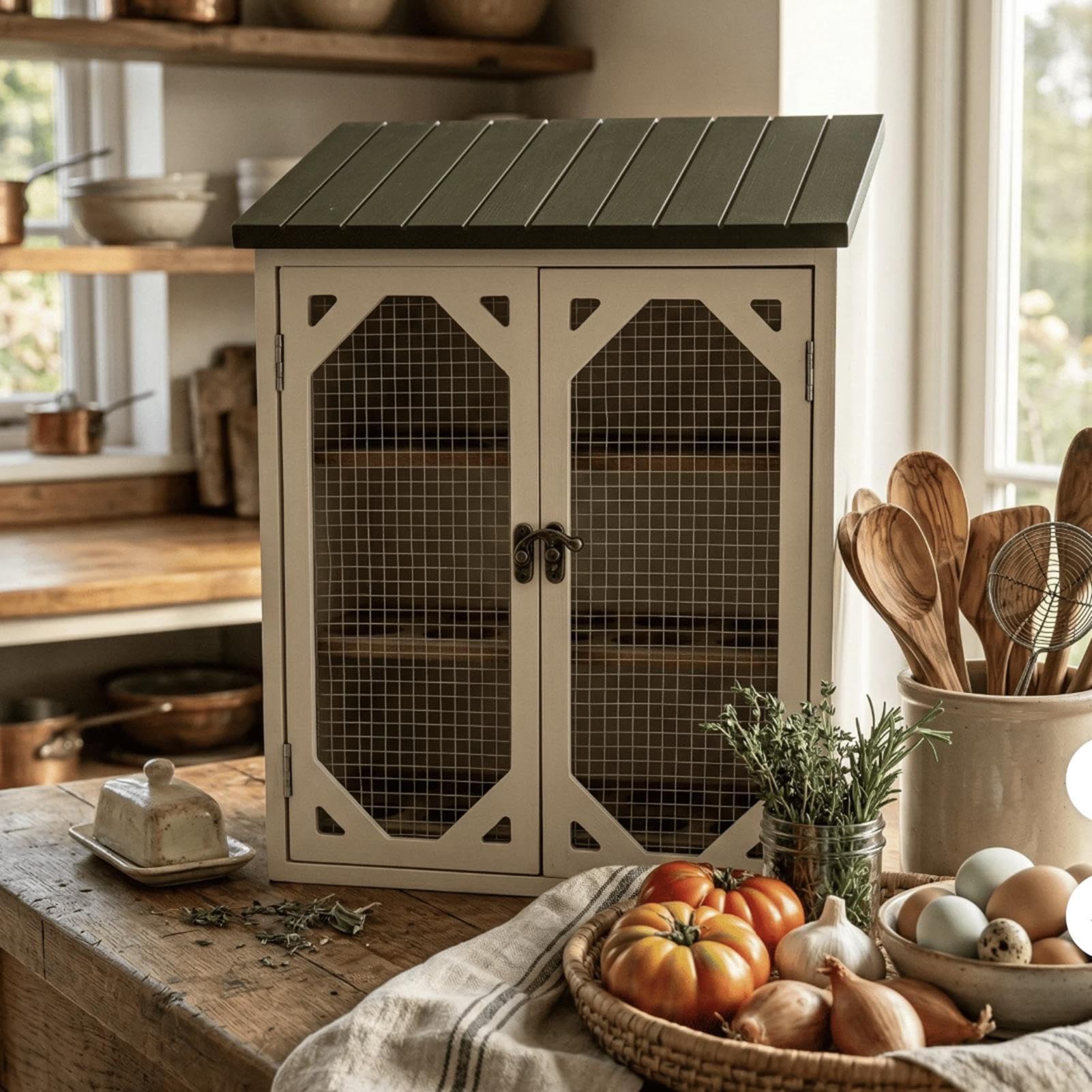 Caja de almacenamiento para huevos, armario de malla de alambre de doble puerta con compartimento, organizador de cocina de madera rústica, accesorio de granja para despensa y cabina