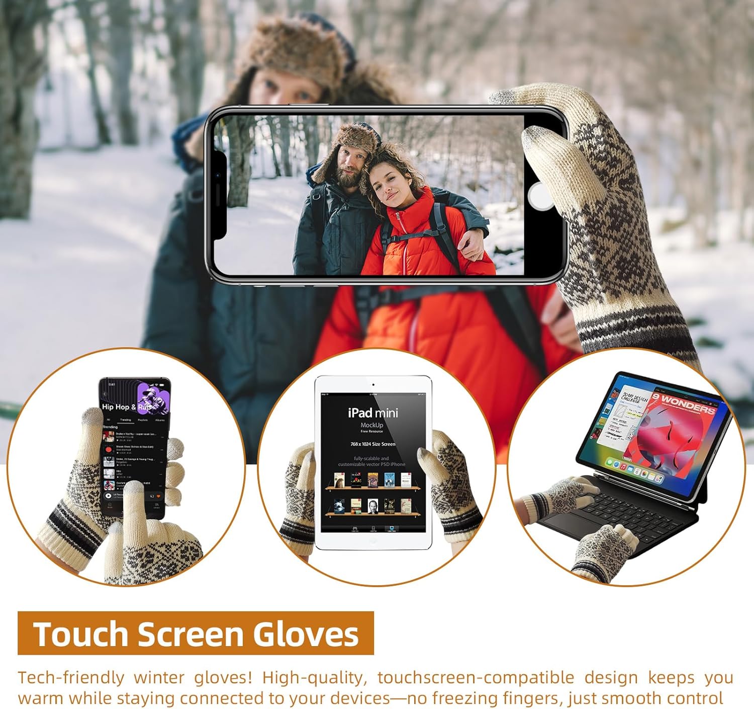 Womens Winter Beanie Hat Long Scarf and Touchscreen Gloves 3Pieces Fleece Lined Skull Caps with Pompom Neck Scarves Set - Image 4