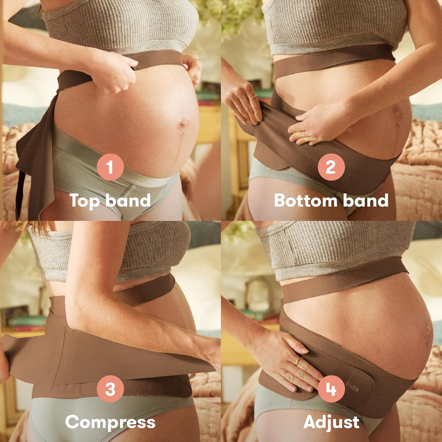 Frida Mom Dual Support Pregnancy Belly Band S/M, Maternity Belly Band with Ultimate Support Back, Hip & Pelvic, Adjustable, Lightweight, Breathable & Comfy, Supports Bump as Baby Grows, Cocoa