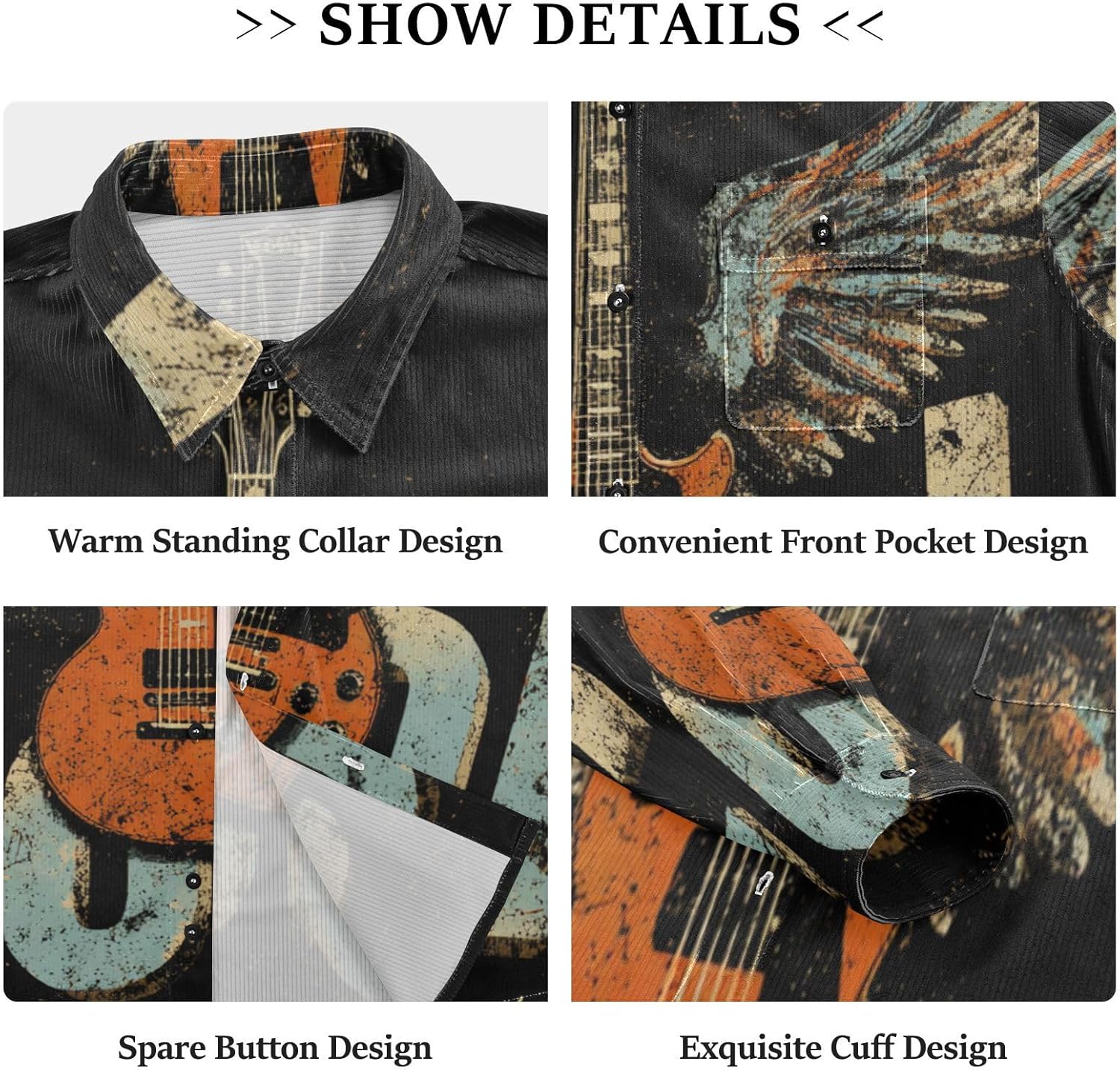 Retro Guitar Wings Woolen Cord Fabric Mens Rugby Shirts Long Sleeve for Women Regular with Pockets