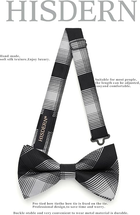 HISDERN Mens Plaid Bow Tie Set Pocket Square and Cufflinks Bowtie