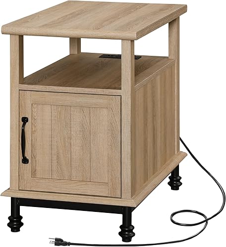 Miniatura 9 de WAMPAT Mesa auxiliar de roble con estación de carga, mesa auxiliar de sofá con armario de almacenamiento para sala de estar, mesita de noche de