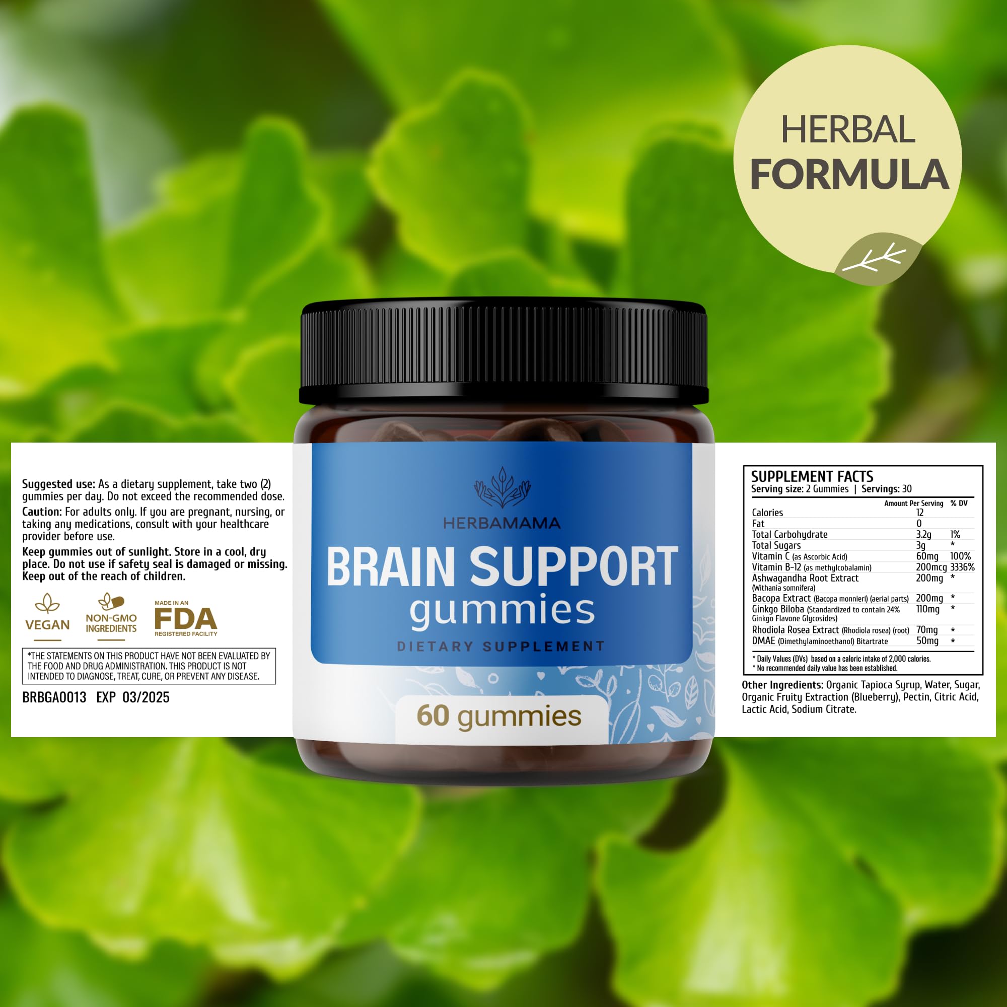 HERBAMAMA Brain Support Gummies – Brain Focus Supplements for Adults with Ashwagandha, Bacopa Monnieri, Vitamin C & B12 – Vegan, Non-GMO Calming Gummies – 60 Pectin-Based Blueberry-Flavored Chews — Amazon image 7