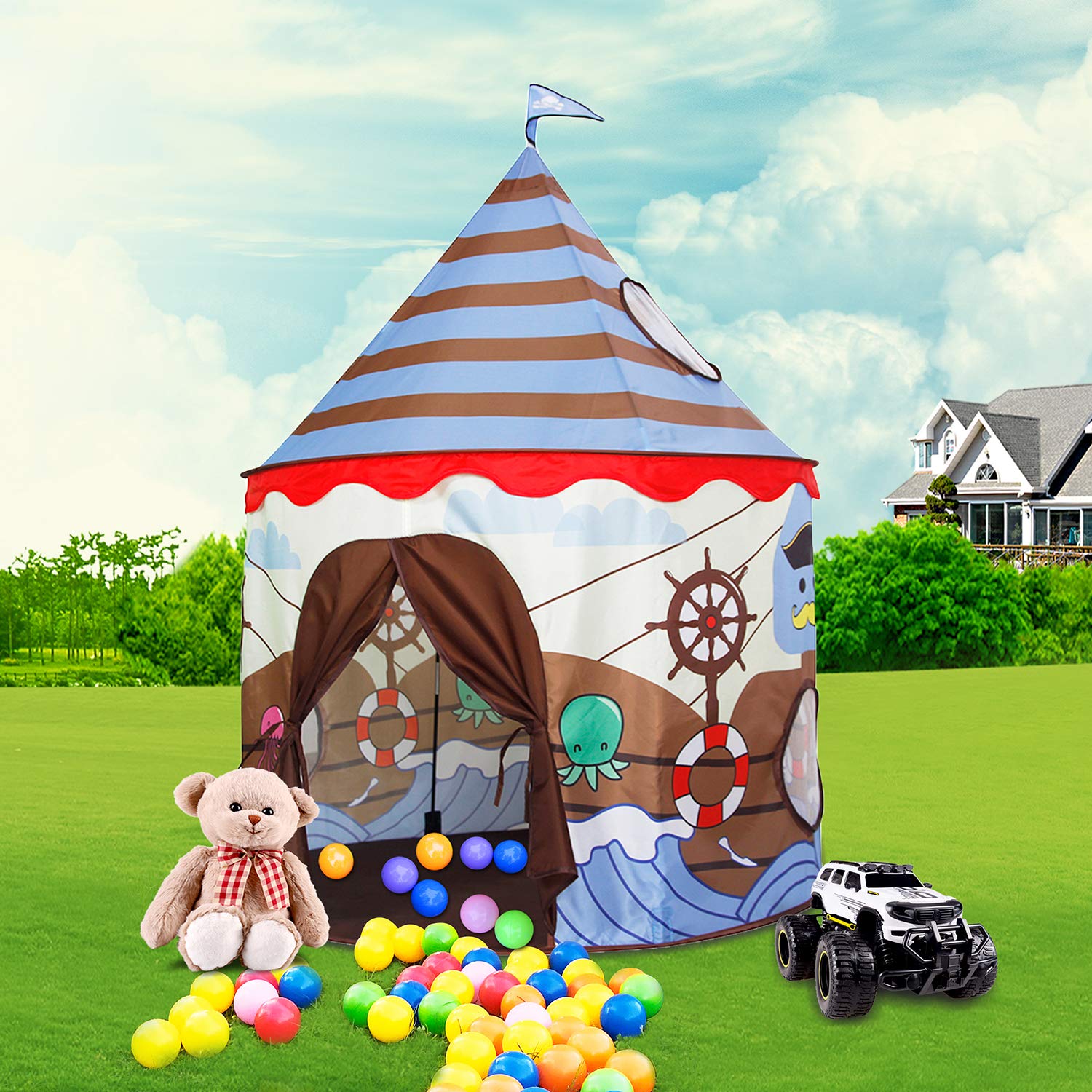 Homfu Play Tent for Kids Castle for Children Boys and Girls Viking Pattern Pop up Tent As - Image 2