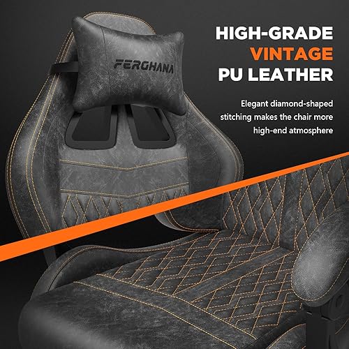 Miniatura 4 de Ferghana Silla vintage de piel sintética para videojuegos, silla de jugador con respaldo alto con masaje, silla ergonómica de oficina para