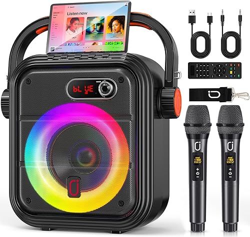 Miniatura 9 de JYX Máquina de karaoke con 2 micrófonos inalámbricos, altavoz Bluetooth portátil con correa de hombro, sistema de PA con soporte para subwoofer TWS,